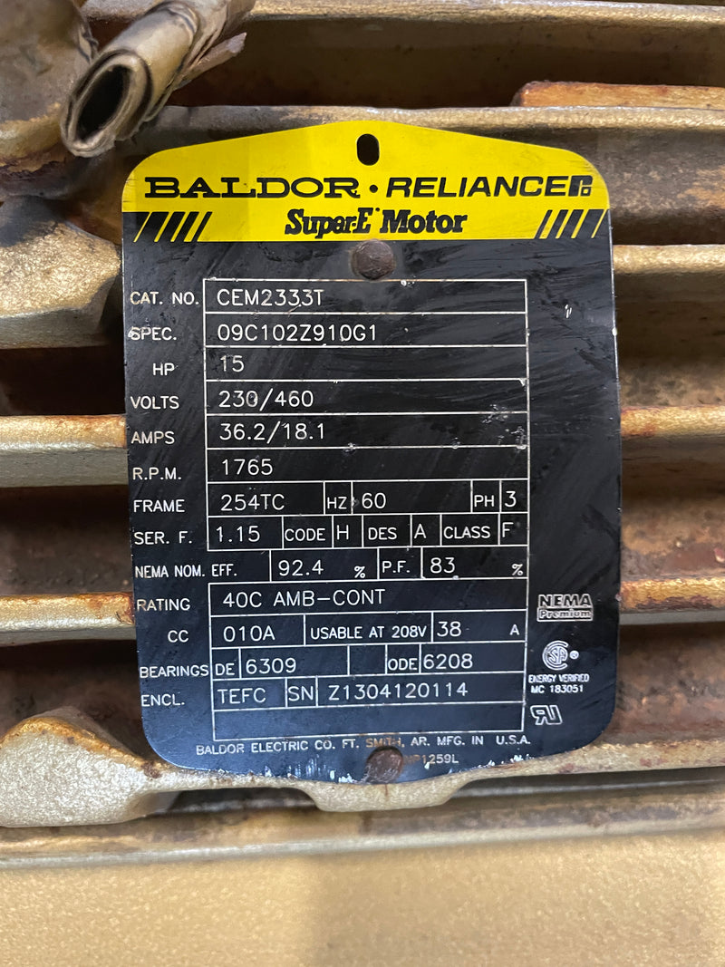 Baldor Reliance CEM2333T Super-E Motor 15 HP 1765 RPM 3PH 230/460V 254TC