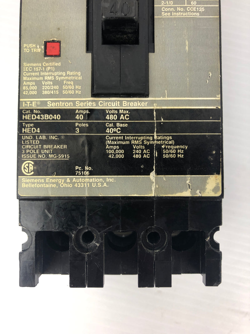 Siemens HED43B040 Circuit Breaker 40A ITE Sentron Series HED4 480VAC 3P