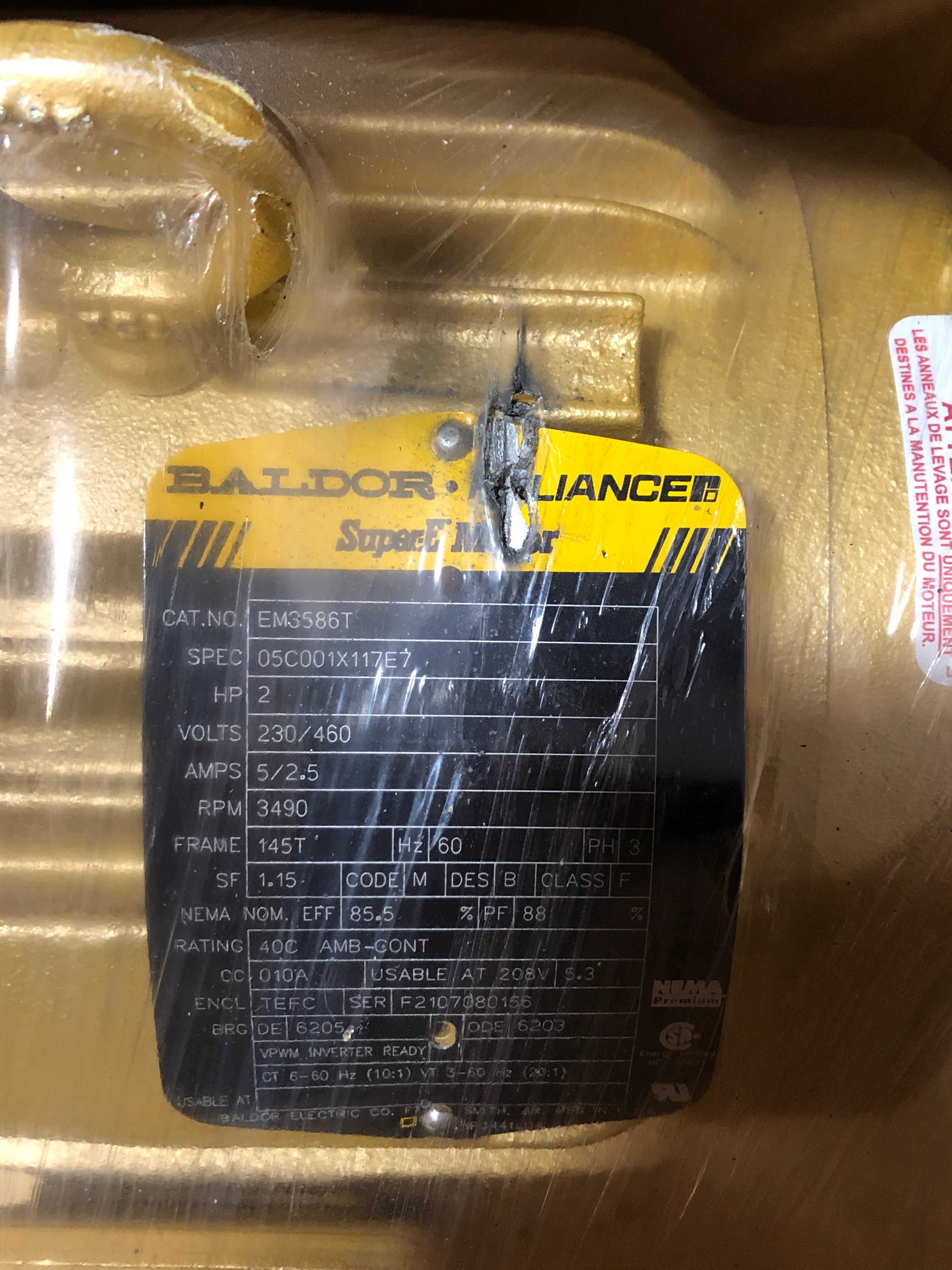 Baldor Reliance EM3586T Super E Motor 2HP 3490 RPM 3PH 145T