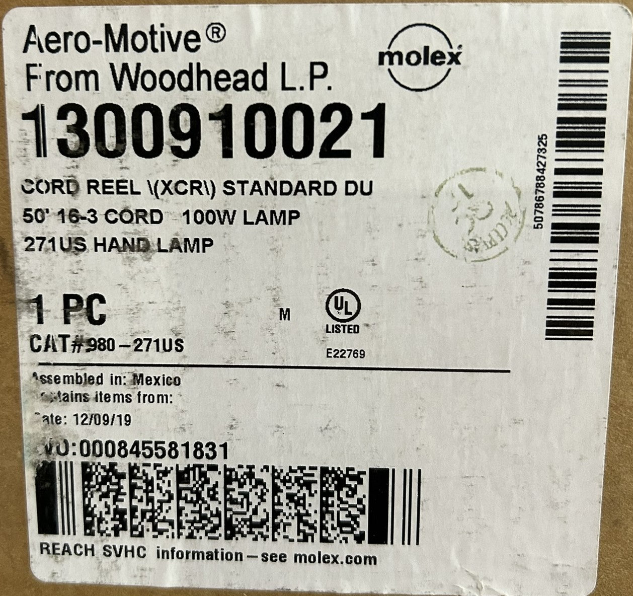 Aero-Motive Retractable Cord Reel 980-271US with 50' 16-3 Cord 271US Hand Lamp
