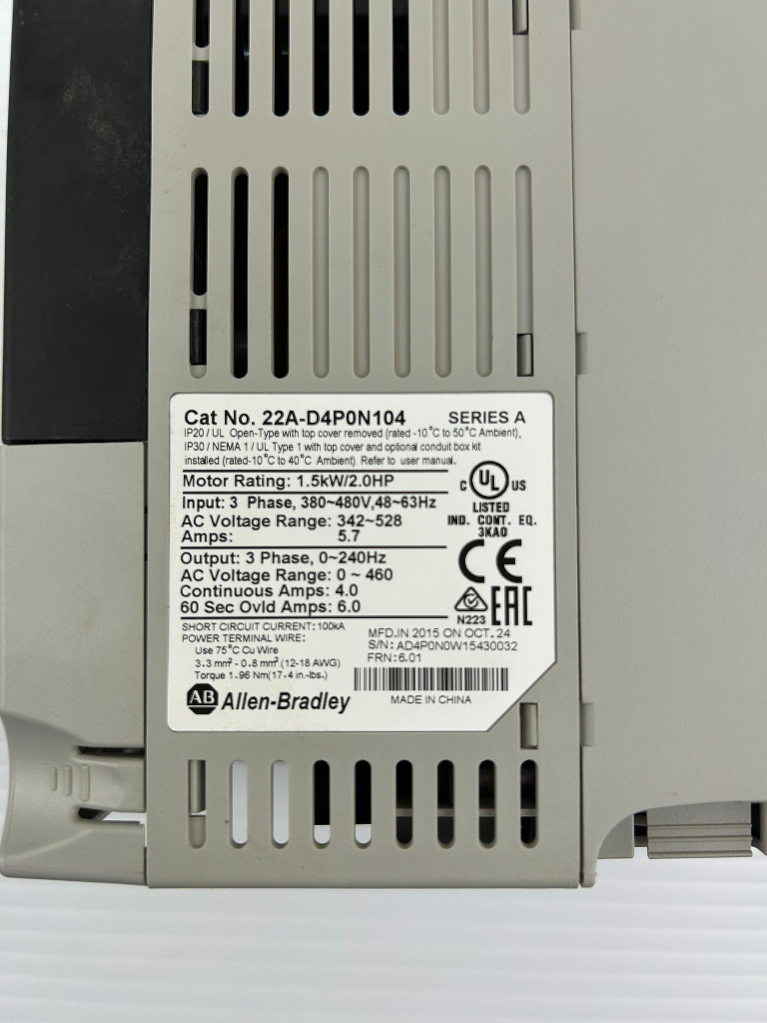 Allen Bradley 22A-D4P0N104 PowerFlex 4 AC Drive Series A