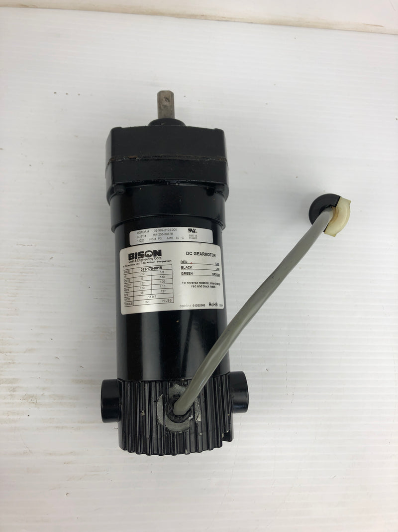 Bison 011-175-0019 Gear Motor 18.9:1 Ratio 1/10-1/8 HP 90-130 Volts 95-137 RPM