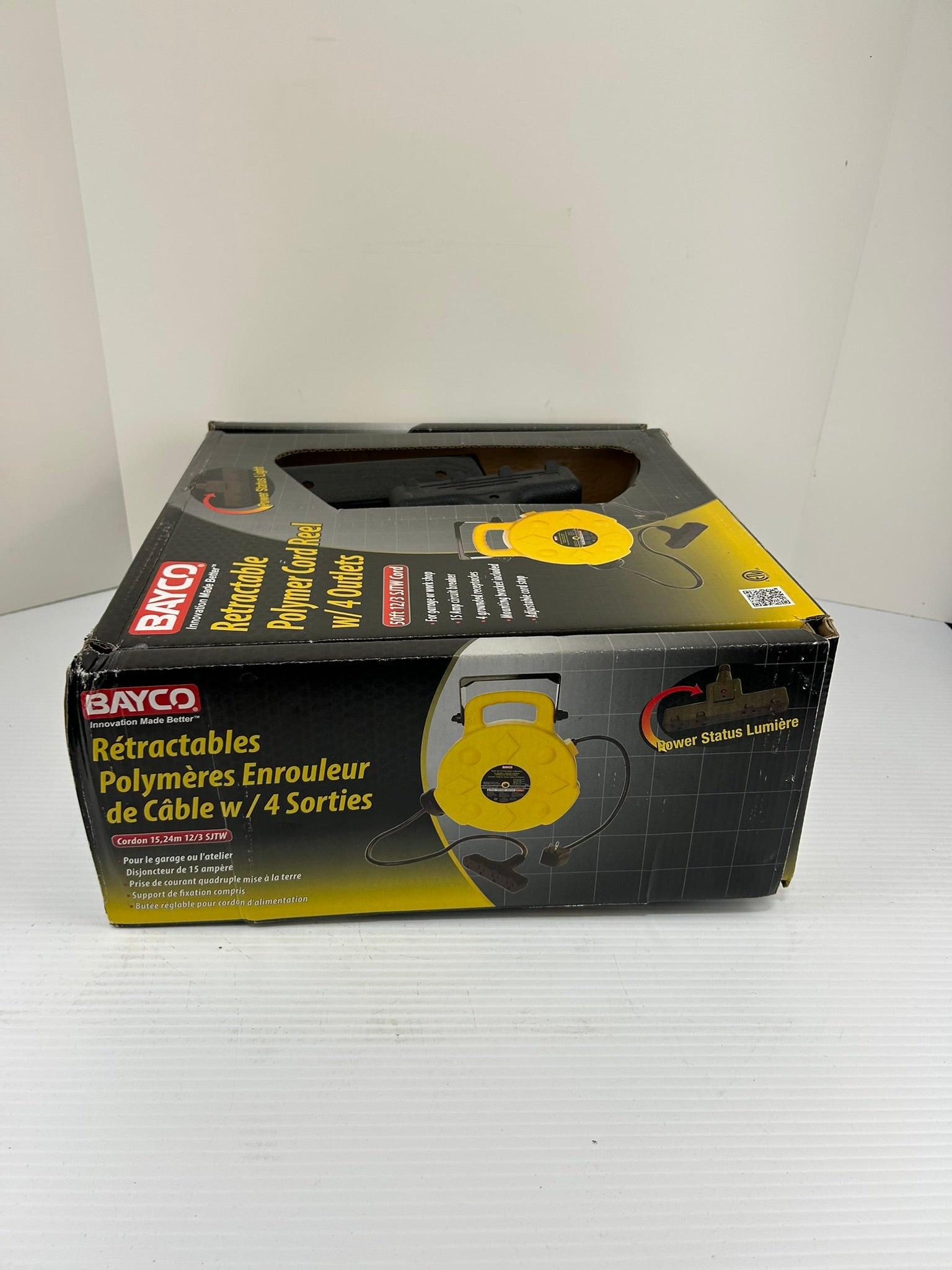 Bayco Retractable Polymer Cord Reel with 4 Outlets 50 Foot 12/3 SJTW Cord