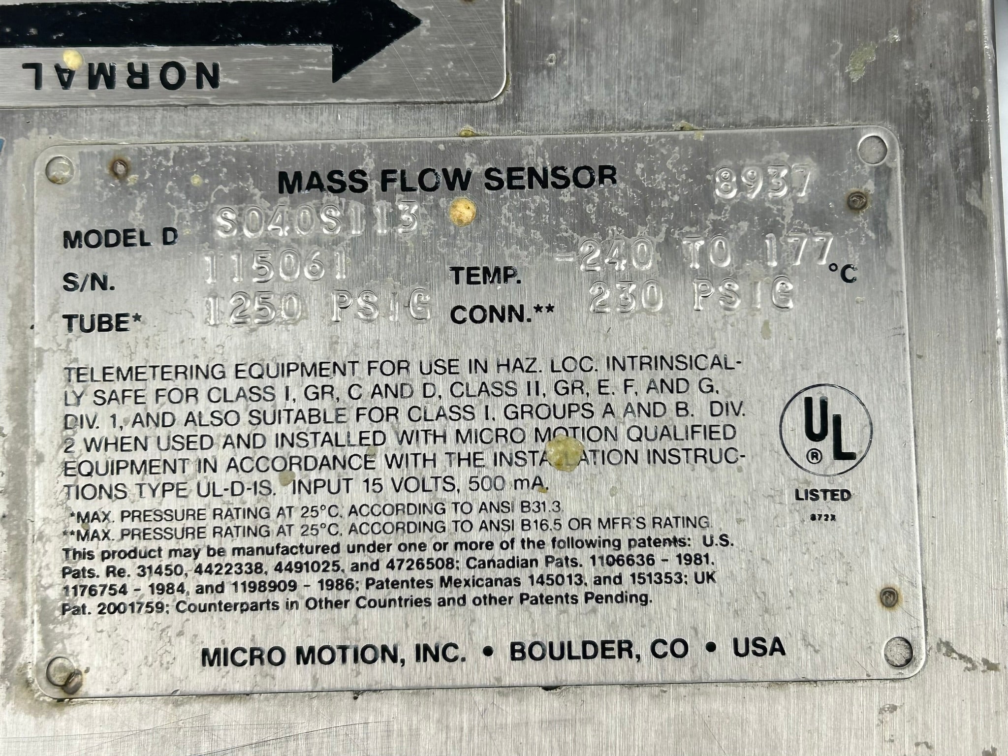 Micro Motion DS040S113 Mass Flow Sensor Meter Type 3 1250PSIG 500mA 15V