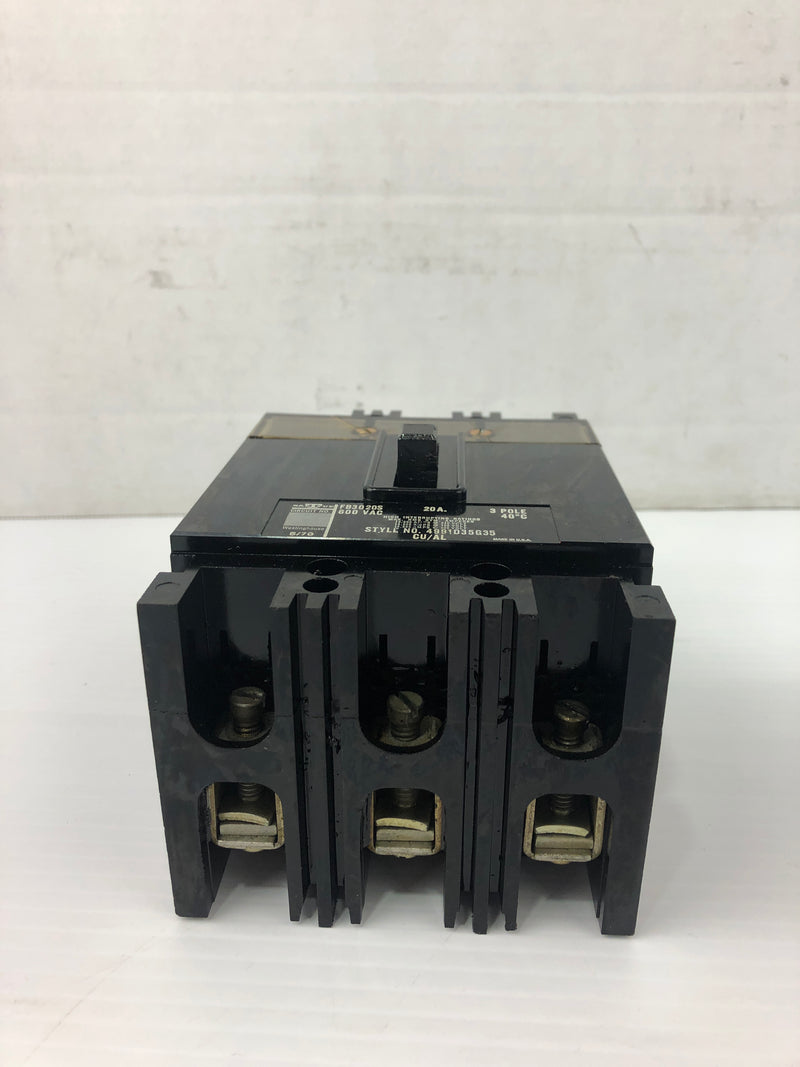 Westinghouse FB3020S Circuit Breaker 600VAC 20A 3P