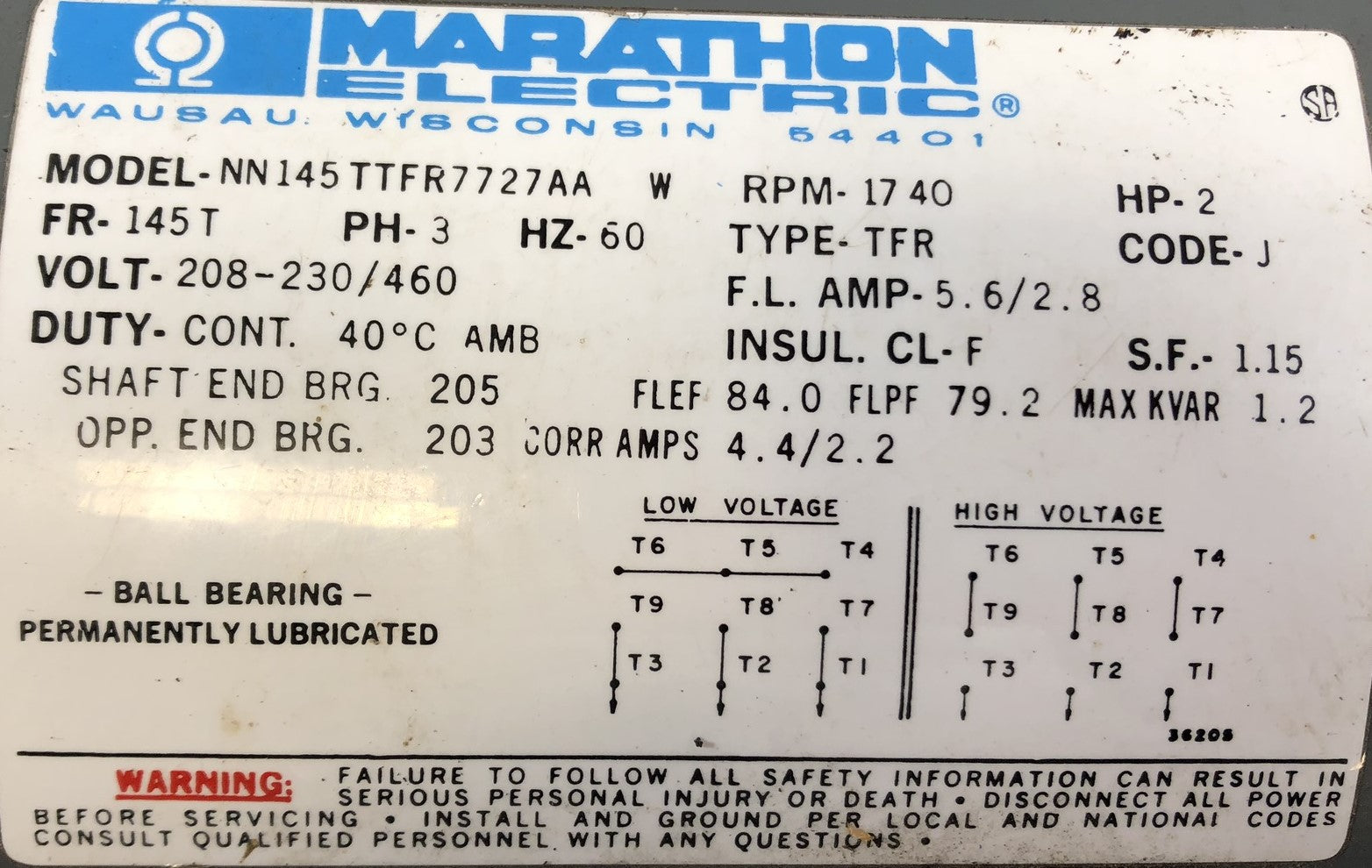 Marathon Electric Motor NN145TTFR7727AA W 2HP 1740 RPM 145T Frame 3PH