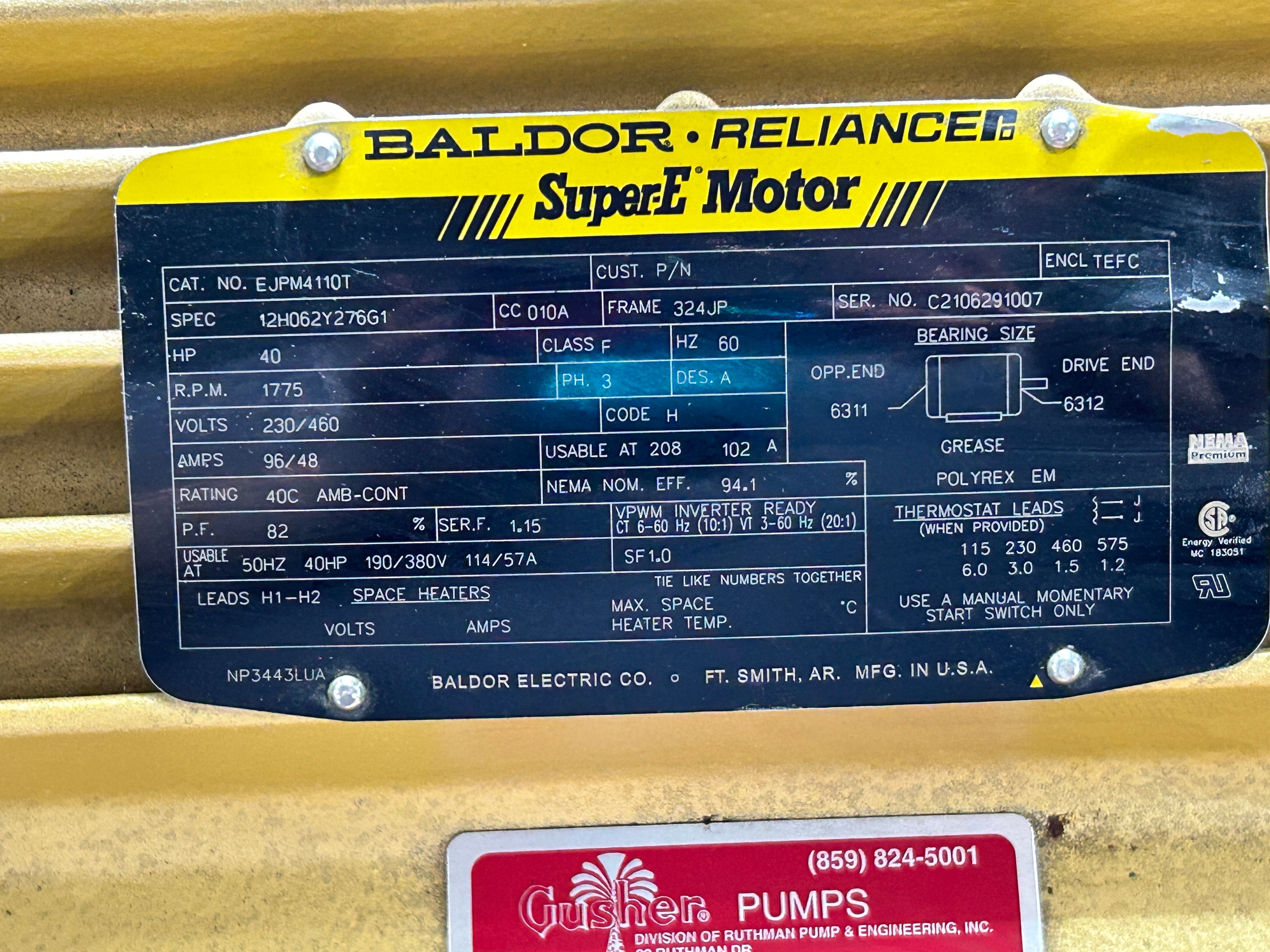 Gusher SP6X6-10SEH-CC-A 6x6 Centrifugal Pump Baldor EJPM4110T 40HP 3PH 230/460V