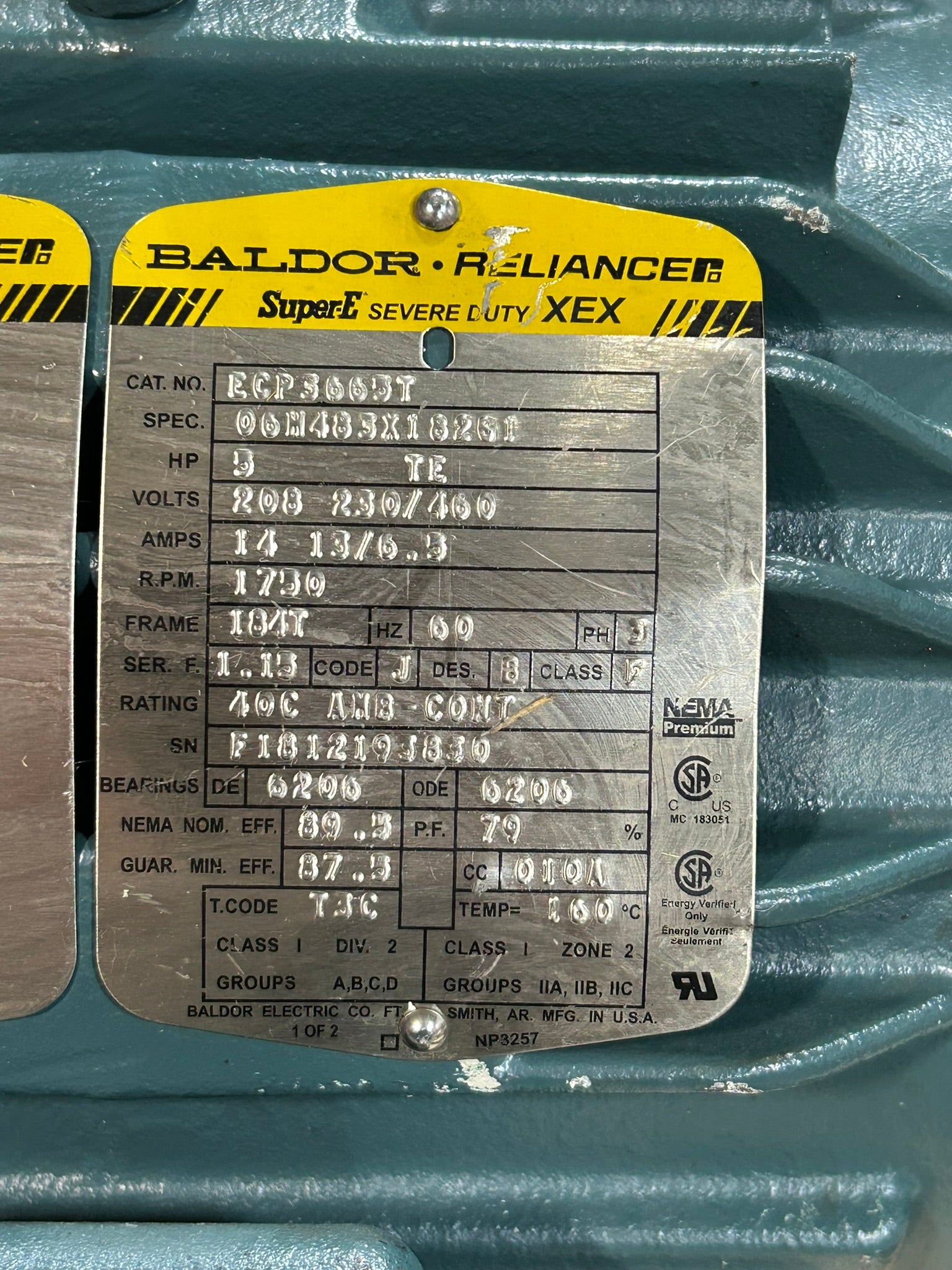 Baldor Reliance ECP3665T AC Motor 5HP 1750 RPM 184T Frame 60 HZ 3PH