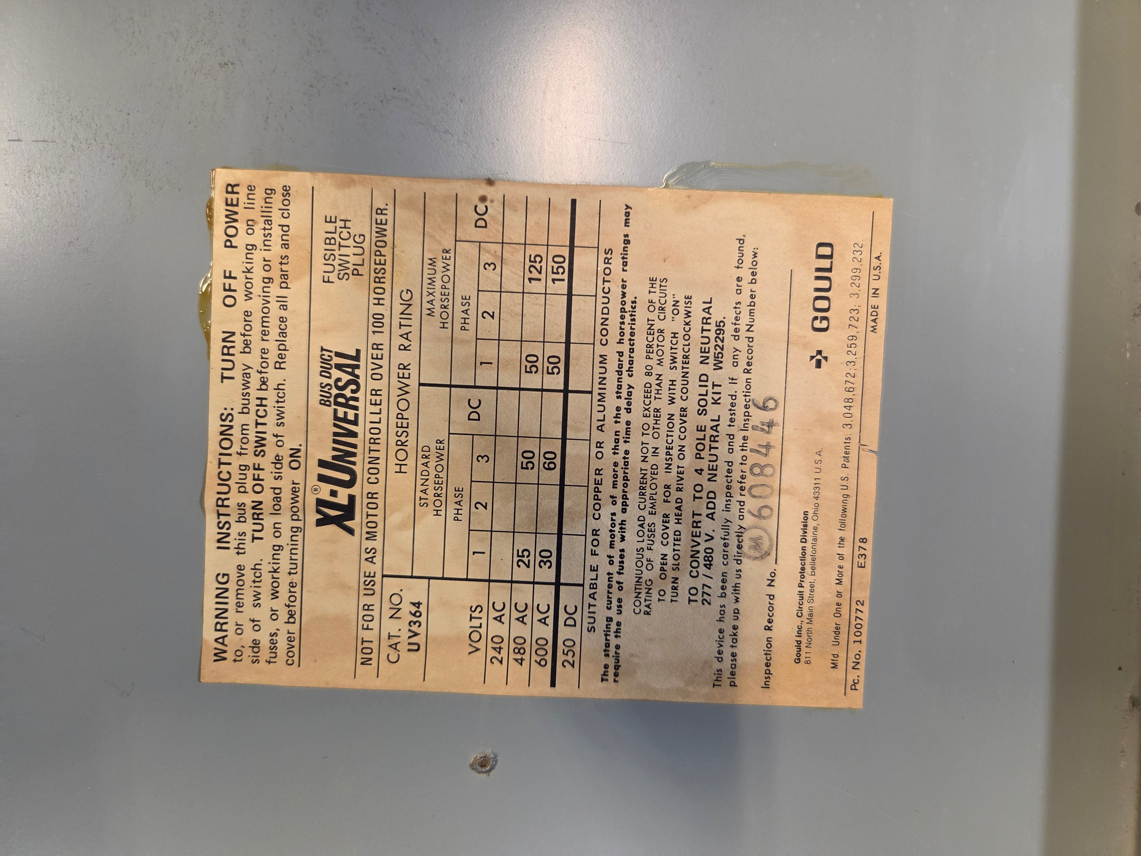 Gould ITE UV364 XL-Universal Bus Plug Fusible Switch 200A 600V Busway 3 Phase