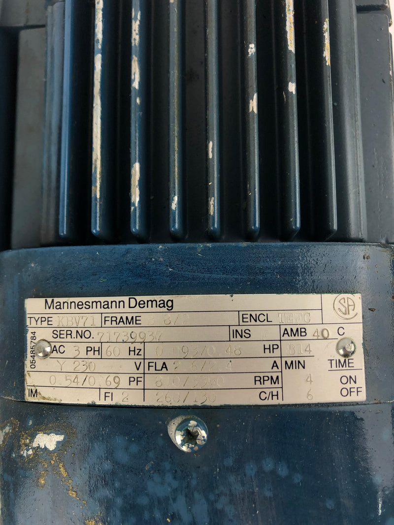 Mannesmann Demag KBV71 Motor 0.093/0.48HP Frame B 8/2 810/3350RPM 3PH 230V