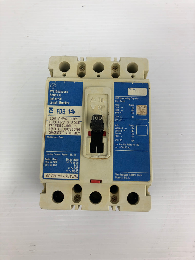 Westinghouse FDB 14K Industrial Circuit Breaker Series C 100A 600VAC