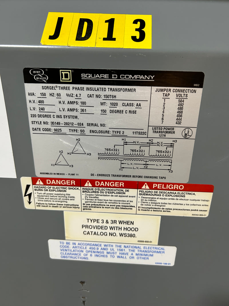 Square D 150T6H Transformer 150kVA Sorgel 3 Phase Insulated 480/240V 180/361A