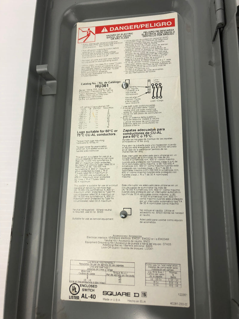 Square D HU361 Non-Fusible Safety Switch 600V 30A 3-Pole 30 HP