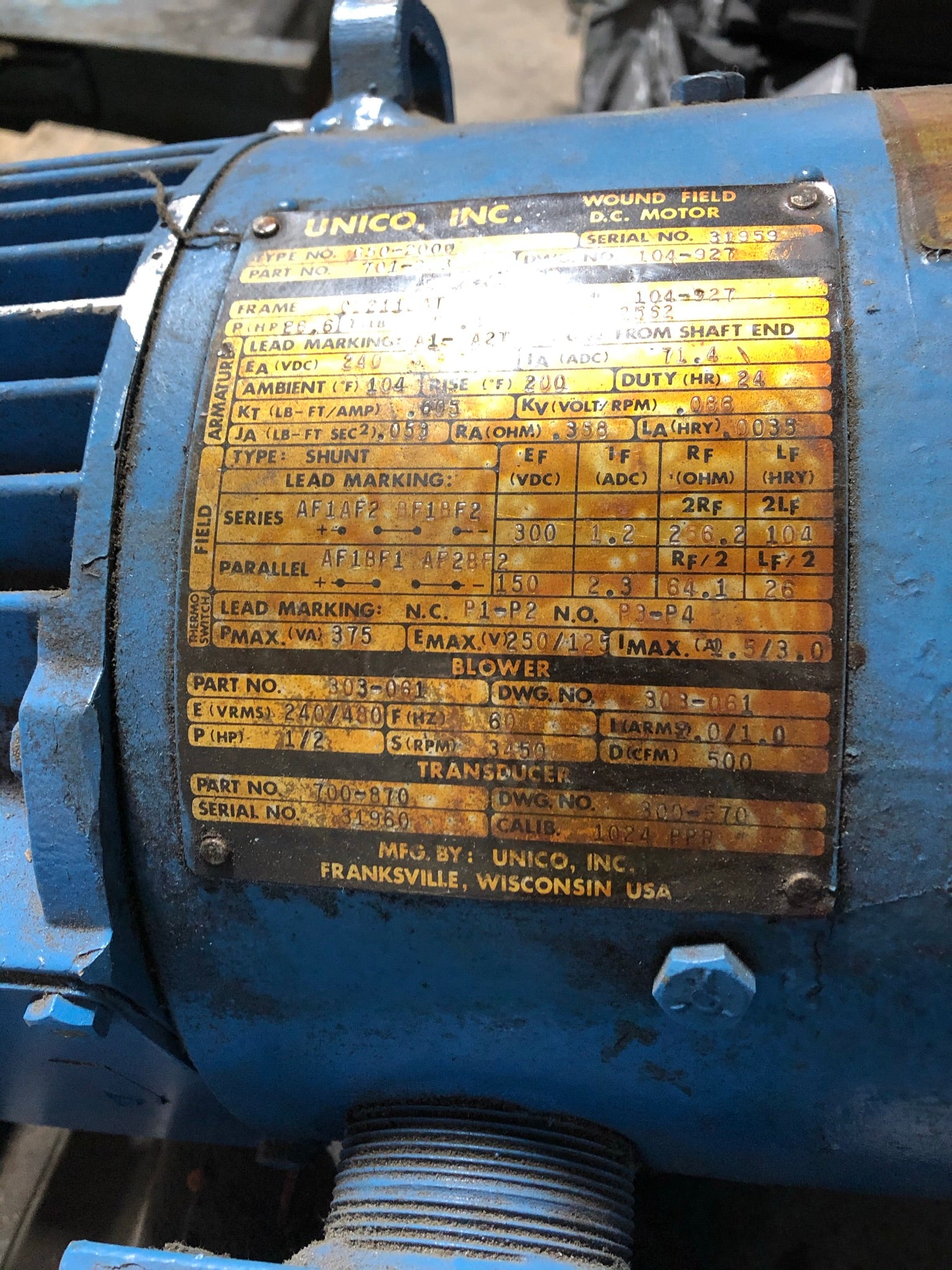 Unico Wound Field DC Motor 26HP 701-383 Blower 303-061 Transducer 700-870