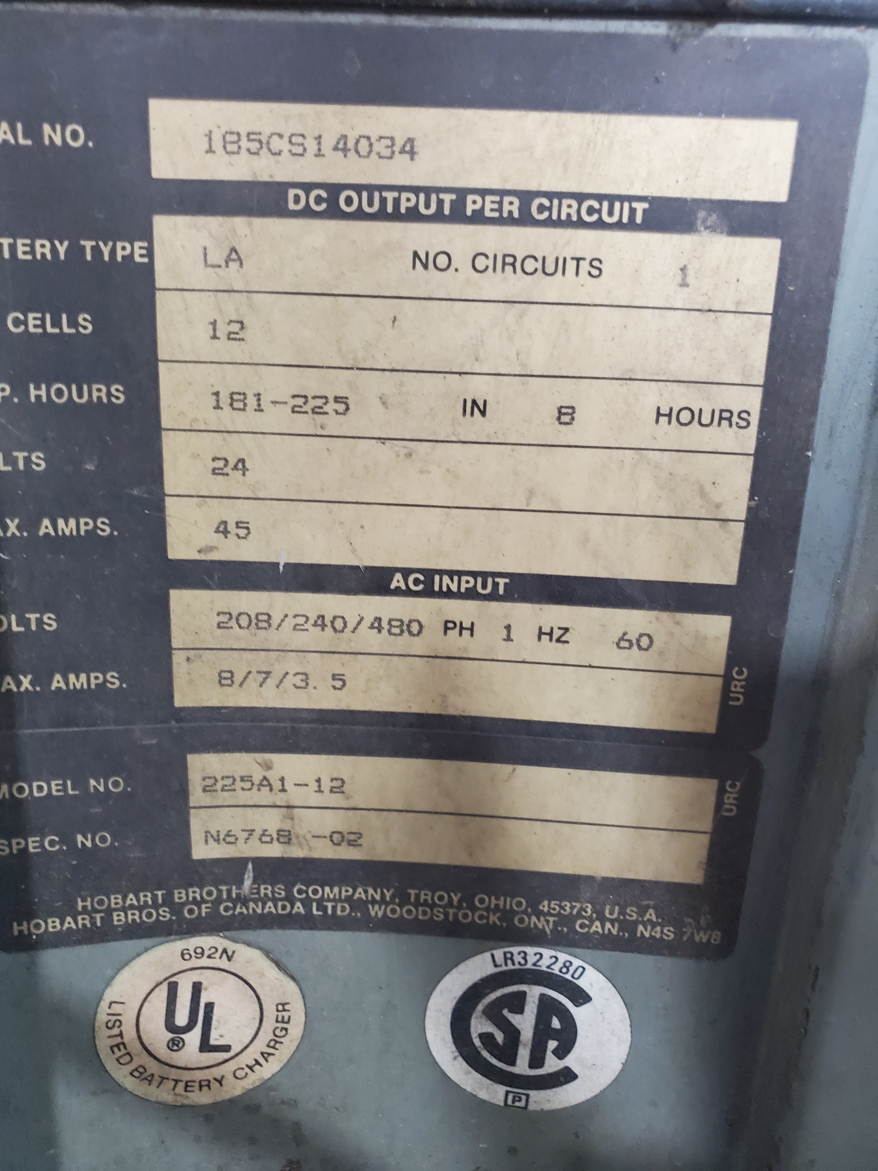 Hobart 225A1-12 Battery Charger 12 Cells, 24 Volts, N6768-02