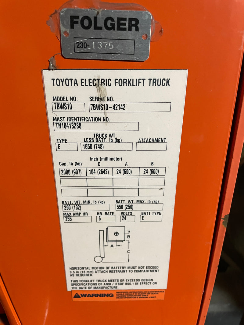 Toyota 7BWS10 Electric Jack Forklift Truck Walkie Straddle Stacker 2000 Lb. Cap.