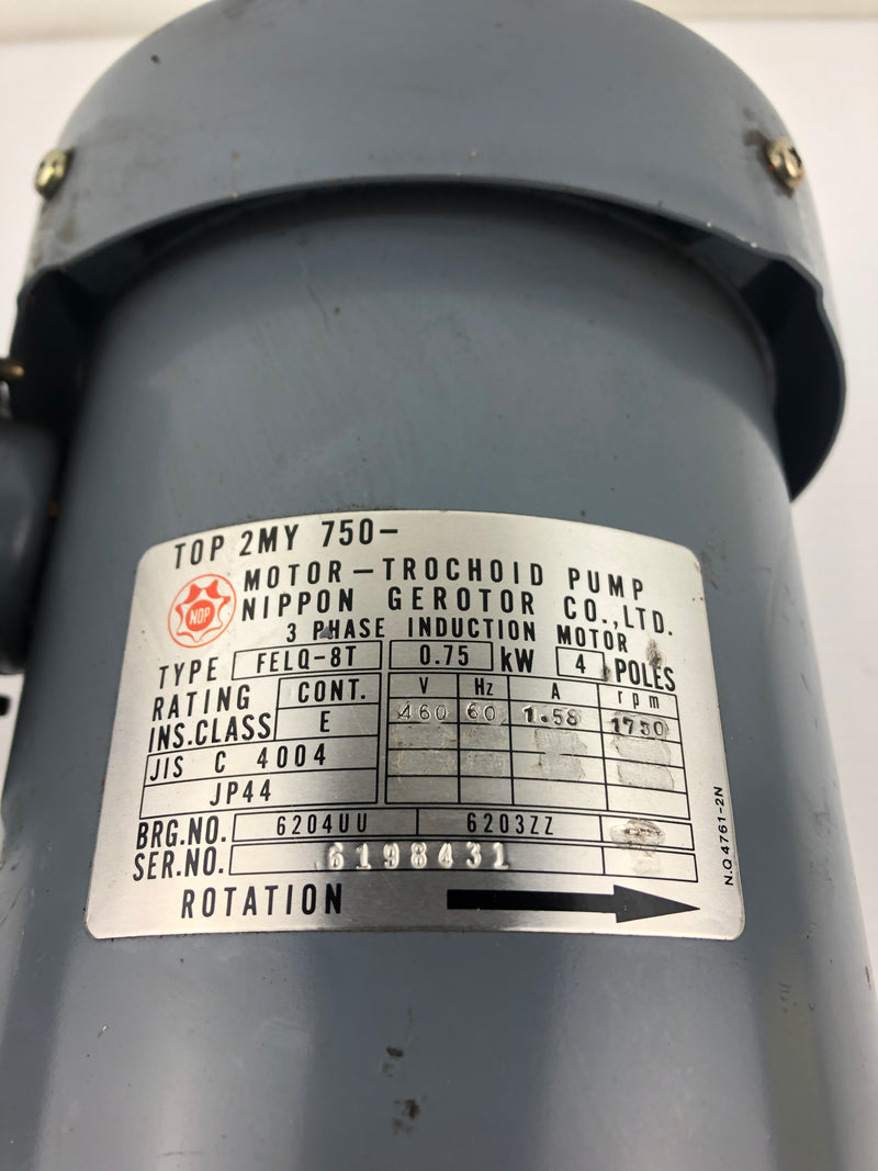 Nippon NOP FELQ-8T Induction Motor TOP 2MY 750 Trochoid Pump TOP-212 HA