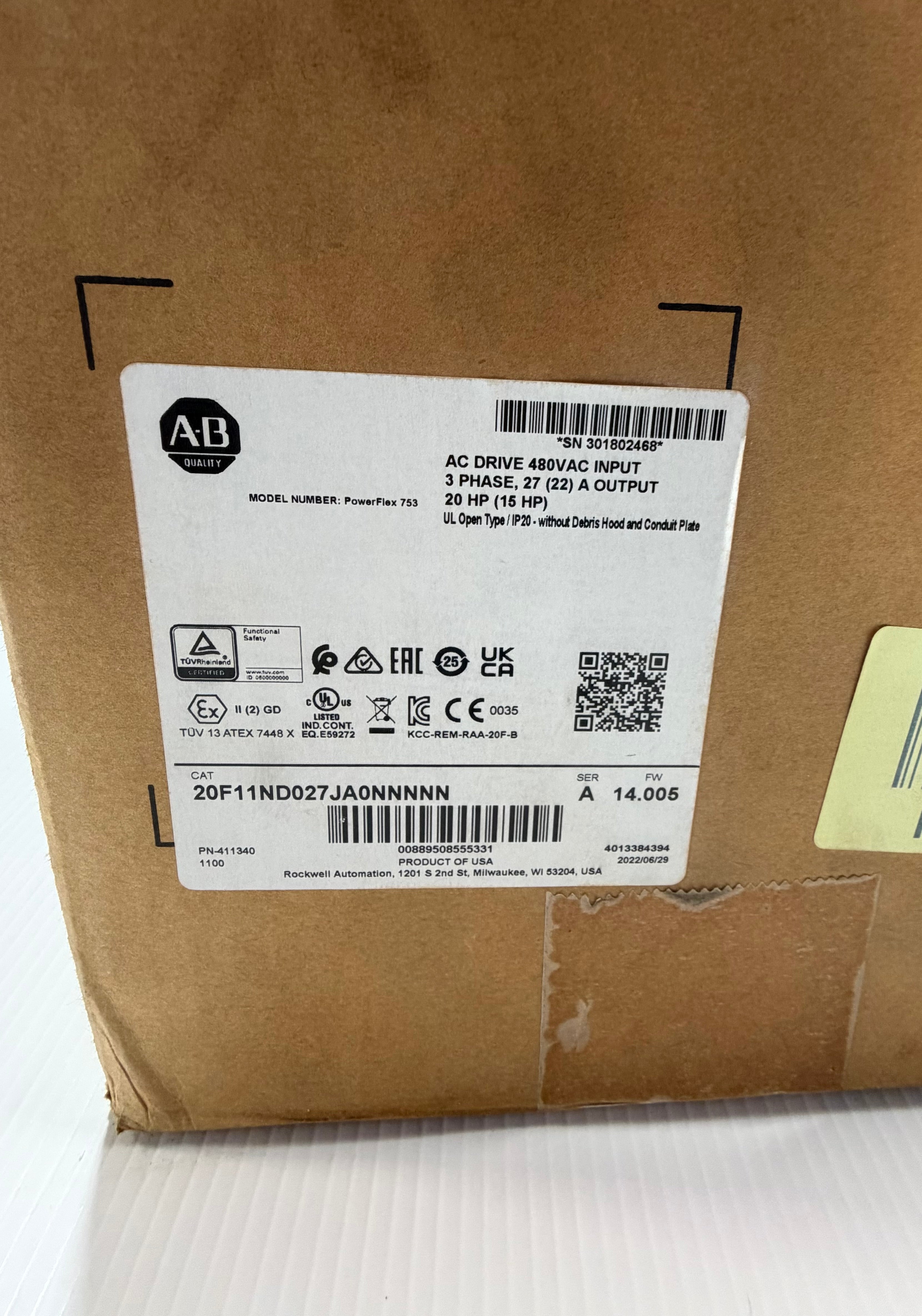 Allen Bradley PowerFlex 753 20F11ND027JA0NNNNN AC Drive 20 HP