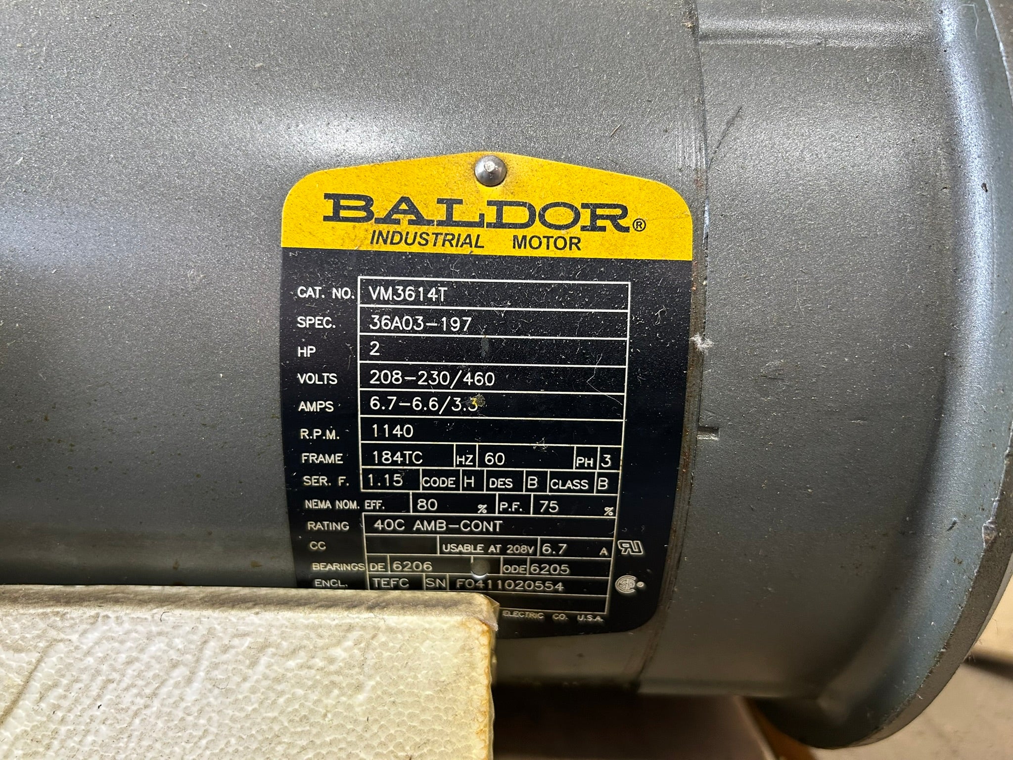 Baldor VM3614T 2HP Electric Motor 208-230/460V 3PH 1140 RPM TEFC 184TC