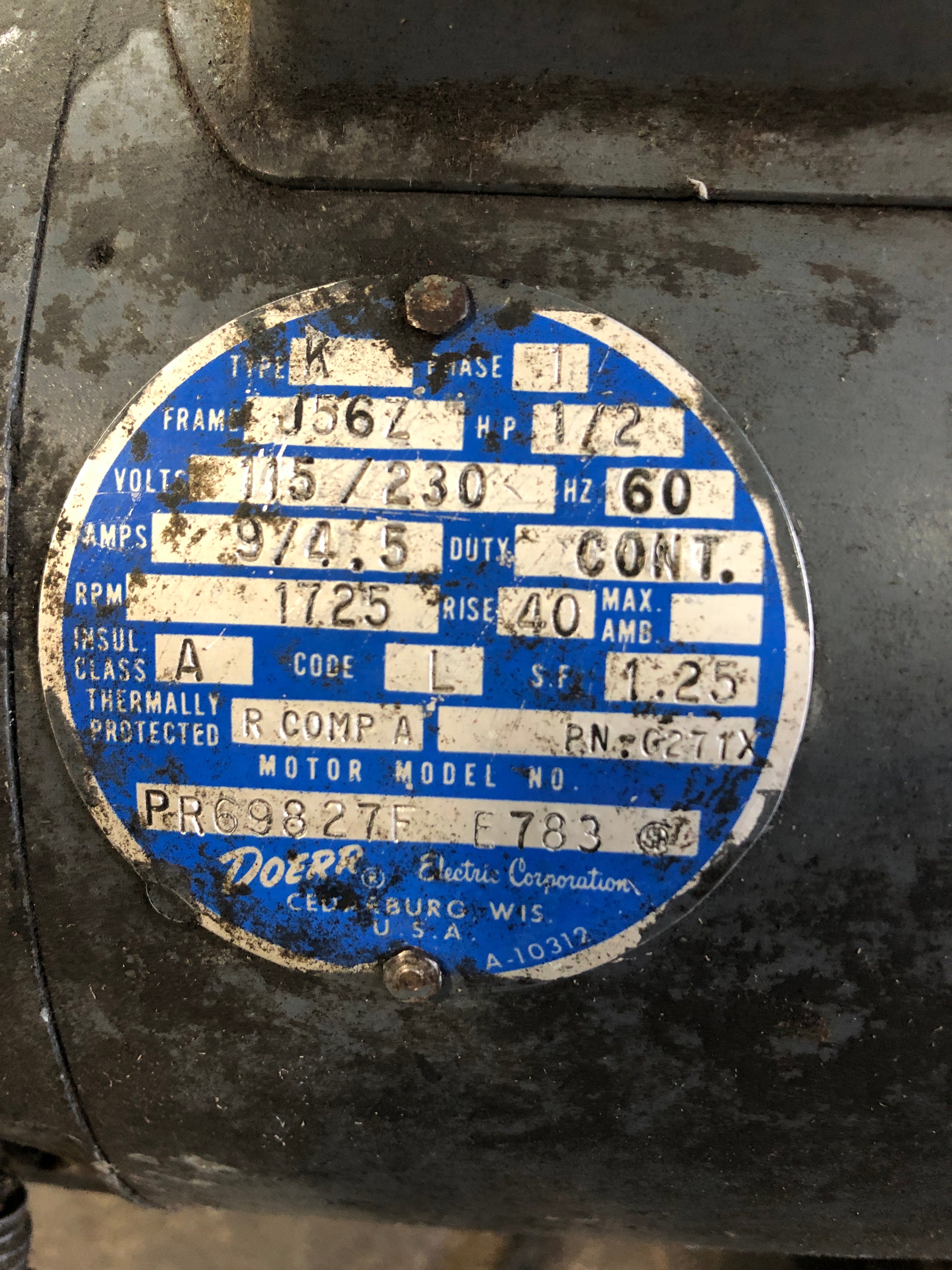 Doerr PR69827F E783 Motor 1/2HP 1PH J56Z Frame Type K with Pump 0822-P120-0271X