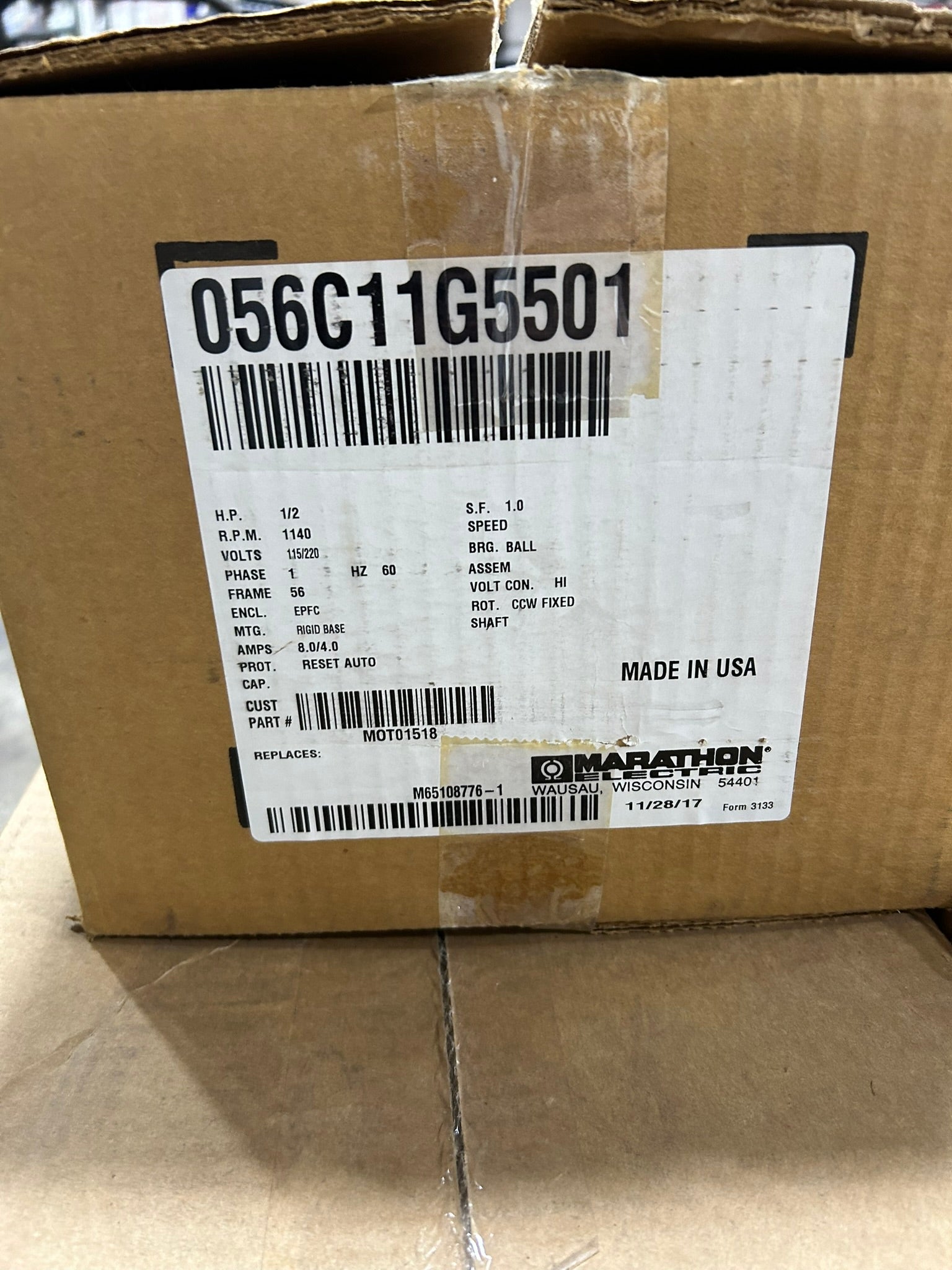Marathon 056C11G5501 Motor 1/2 HP RPM 1140 1 PH 60HZ 56 Frame