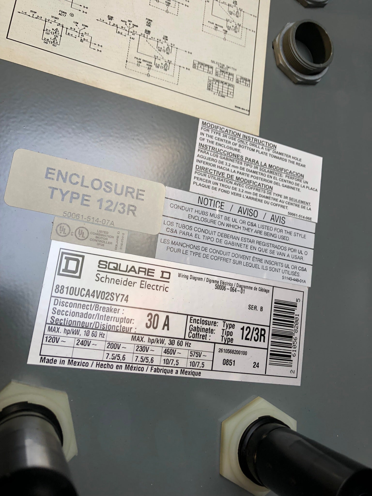Square D 8810UCA4V02SY74 Combination Starter 30A Breaker Disconnect Type 12/3R