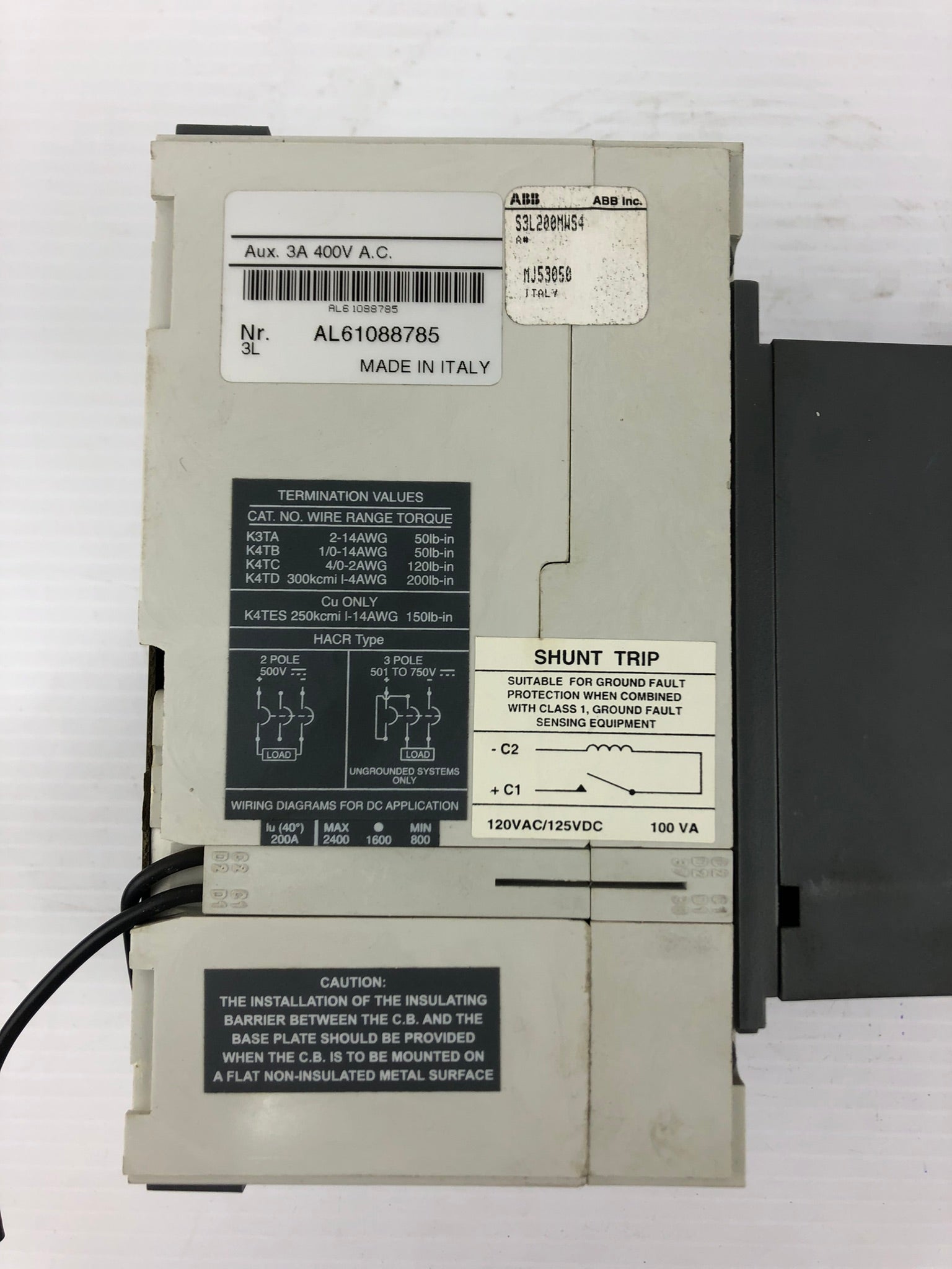 ABB 3L AL61088785 Instantaneous Trip Circuit Breaker Isomax SACE S SACE S3 S3L