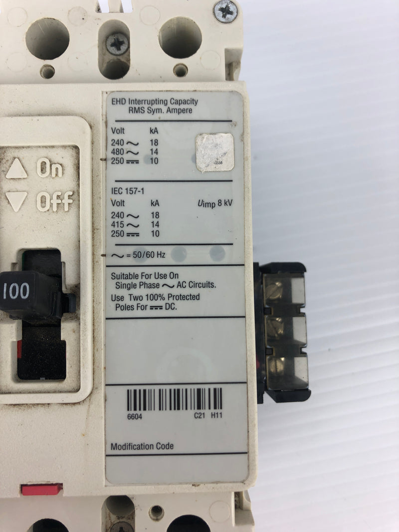 Eaton EHD 14K Cutler-Hammer Industrial Circuit Breaker 480VAC 100A 3P 50/60Hz