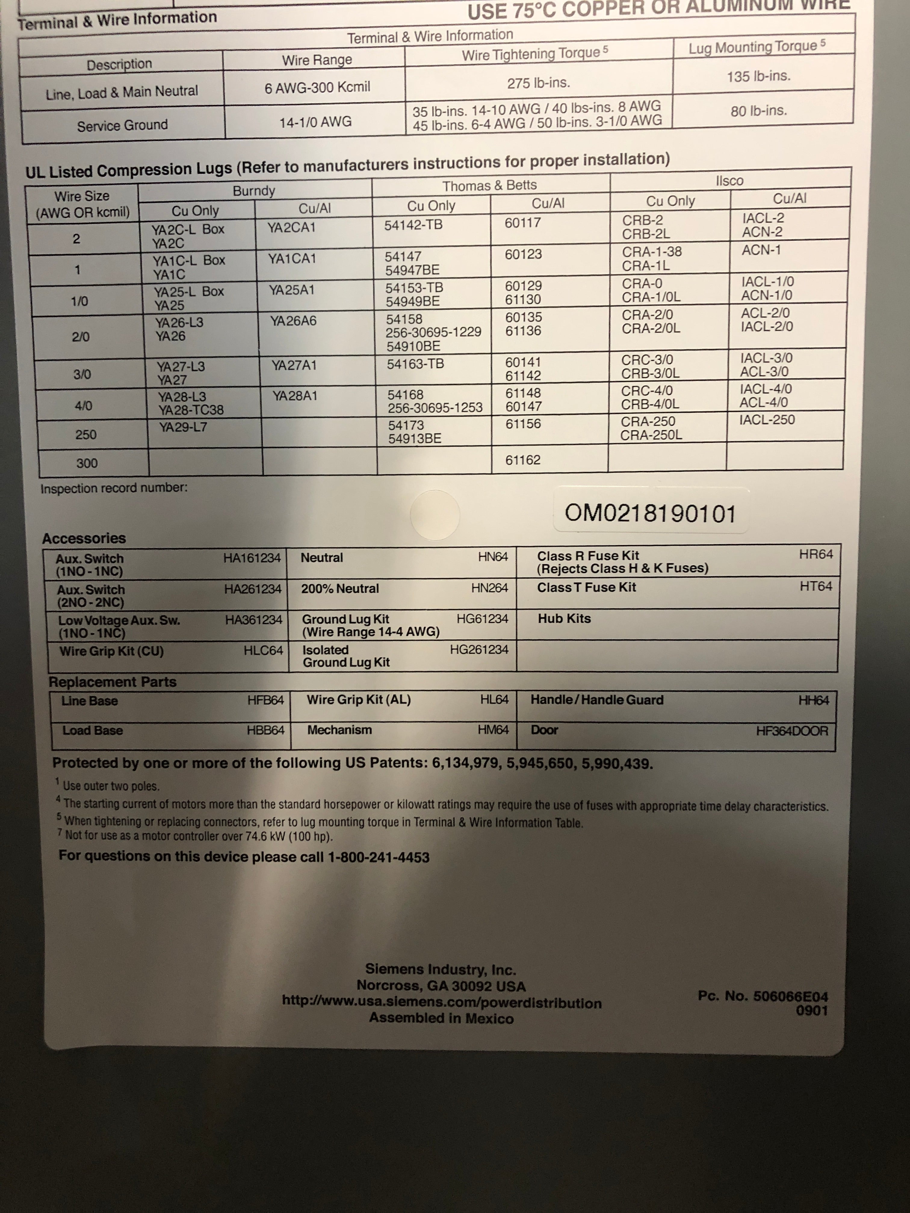 Siemens HF364 Heavy Duty Safety Switch Type 1 600V 200A