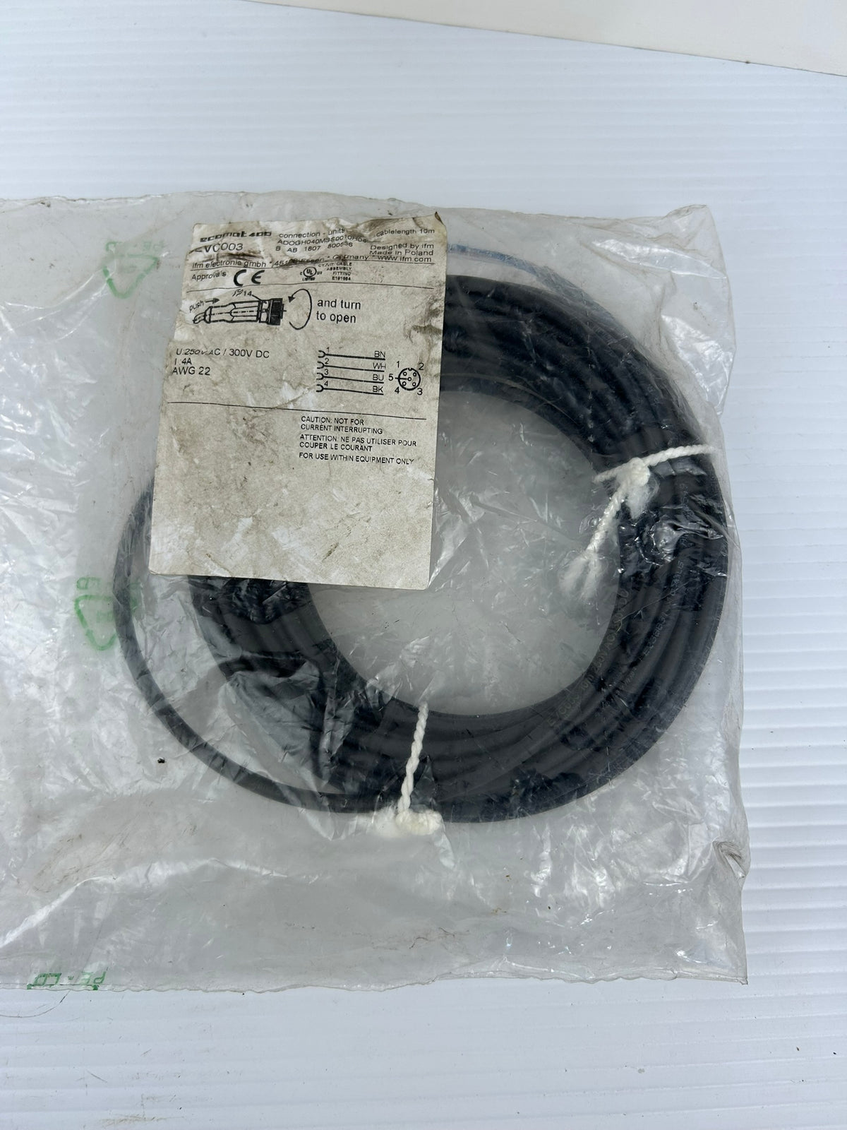 IFM EVC003 ADOGH040MSS0010H04 10M M12 Female Sensor Cable 4-Pin 250VAC