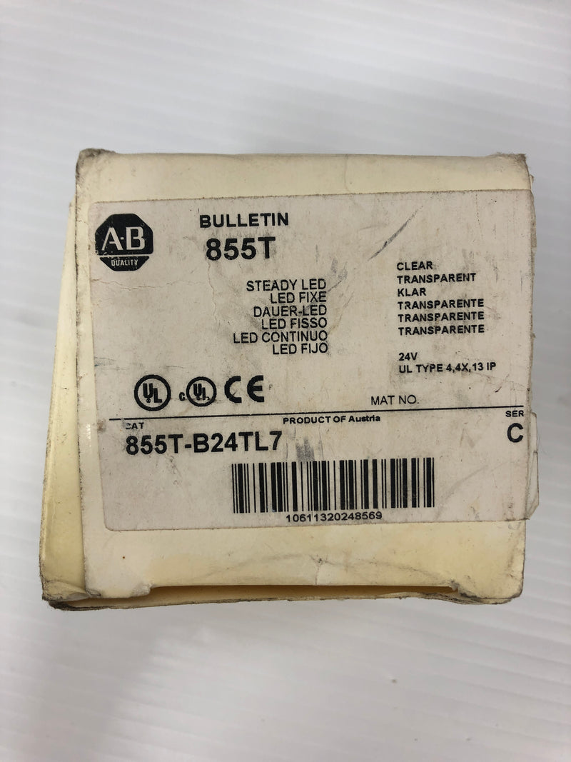 Allen-Bradley 855T-B24TL7 Clear Steady LED Stack Light Type: 4,4X,13 Ser. C 24V