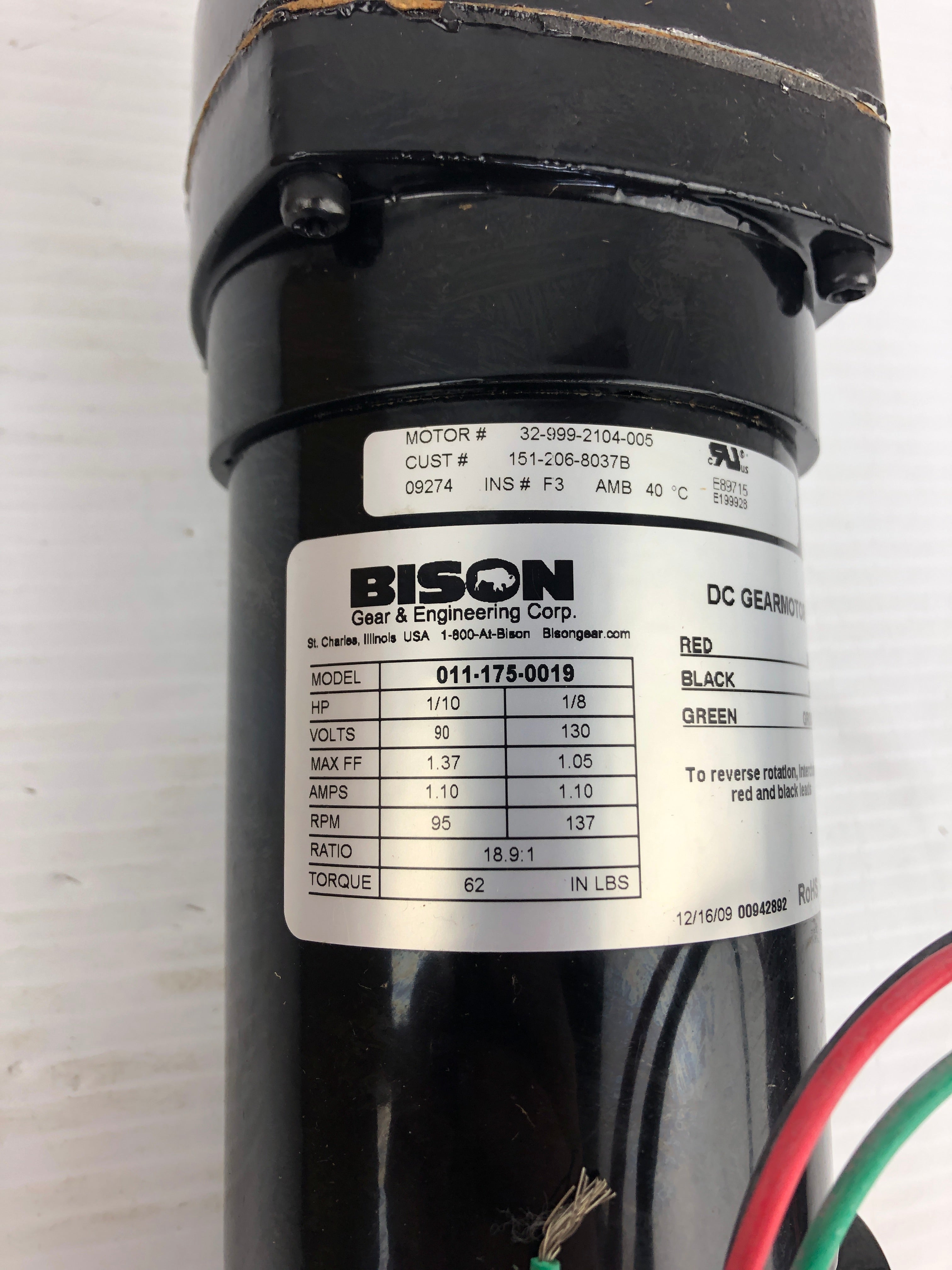 Bison 011-175-0019 Gear Motor 18.9:1 Ratio 1/10HP 1/8HP 95/137 RPM 90/130V 1.10A