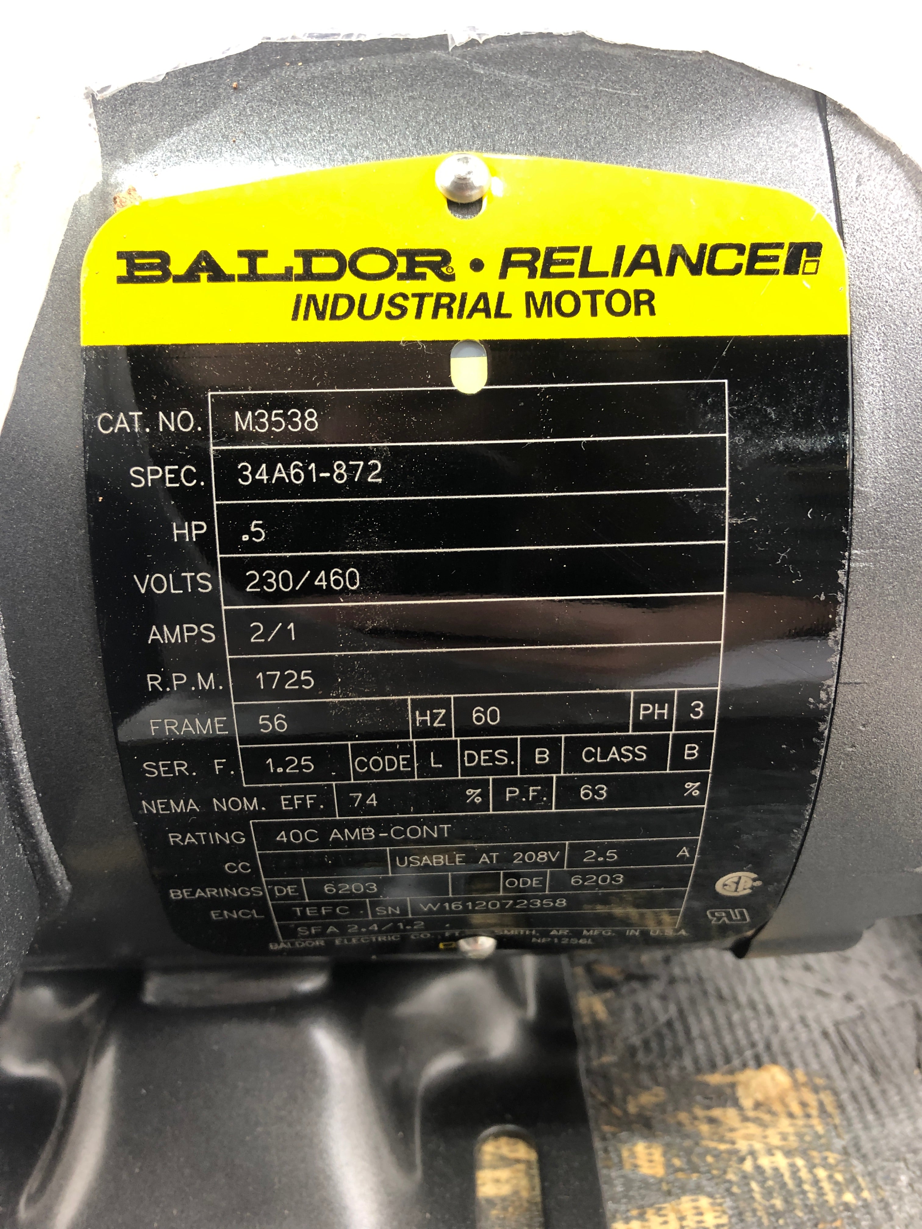 Baldor Reliance M3538 Industrial Motor 0.5HP 1725 RPM 3PH 56 Frame