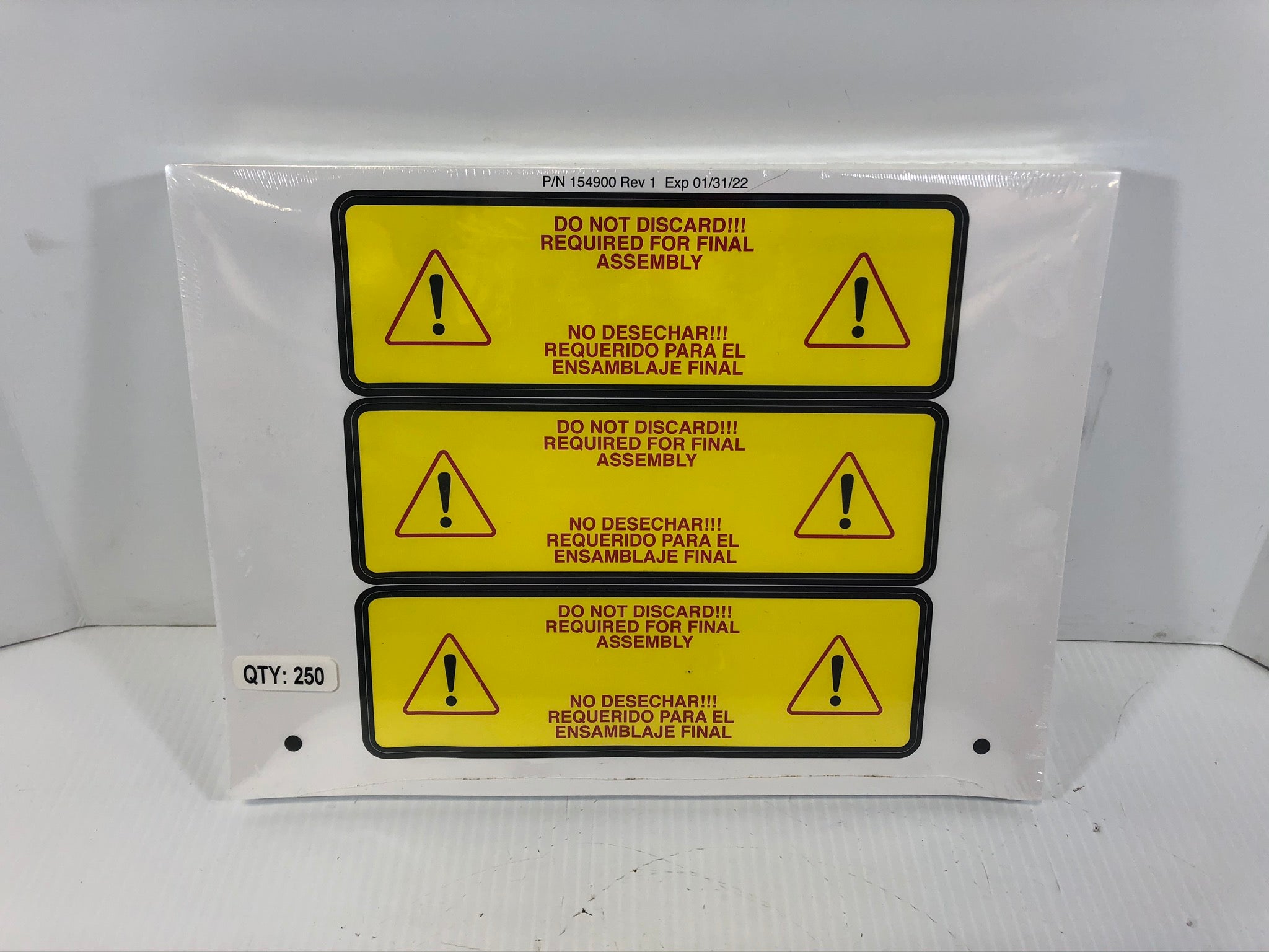 "Do Not Discard" Yellow Stickers English/Spanish "Required for Final Assembly"