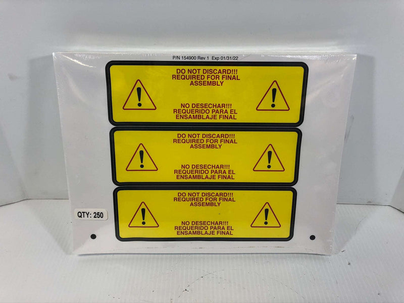 "Do Not Discard" Yellow Stickers English/Spanish "Required for Final Assembly"