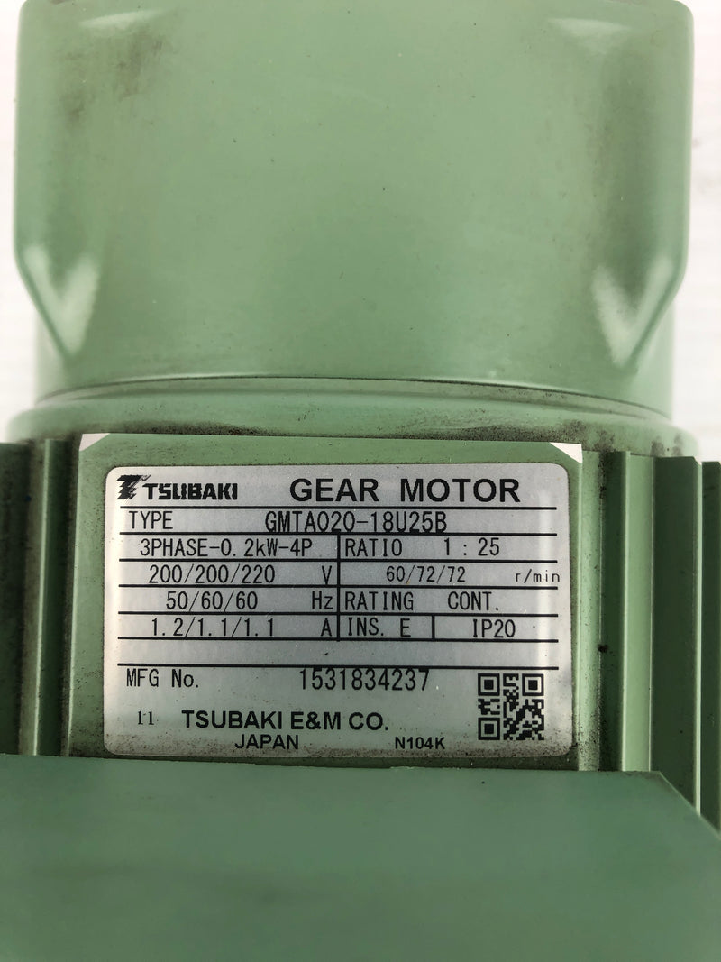 Tsubaki GMTA020-18U25B Gear Motor 1:25 Ratio 0.2kW 3PH 4P