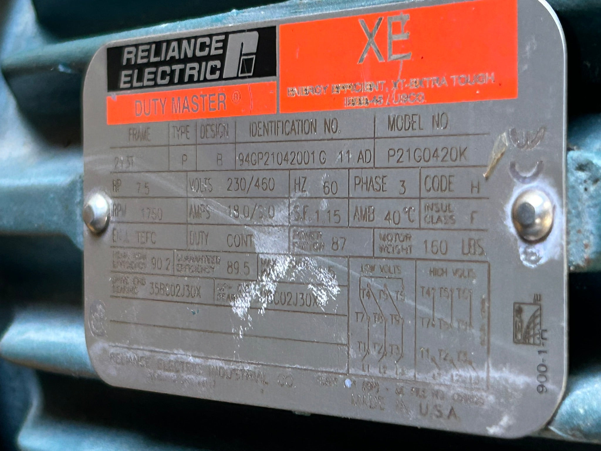 Reliance Electric P21G0420K XE Duty Master AC Motor 7.5 HP 1750 RPM 3 PH 213T
