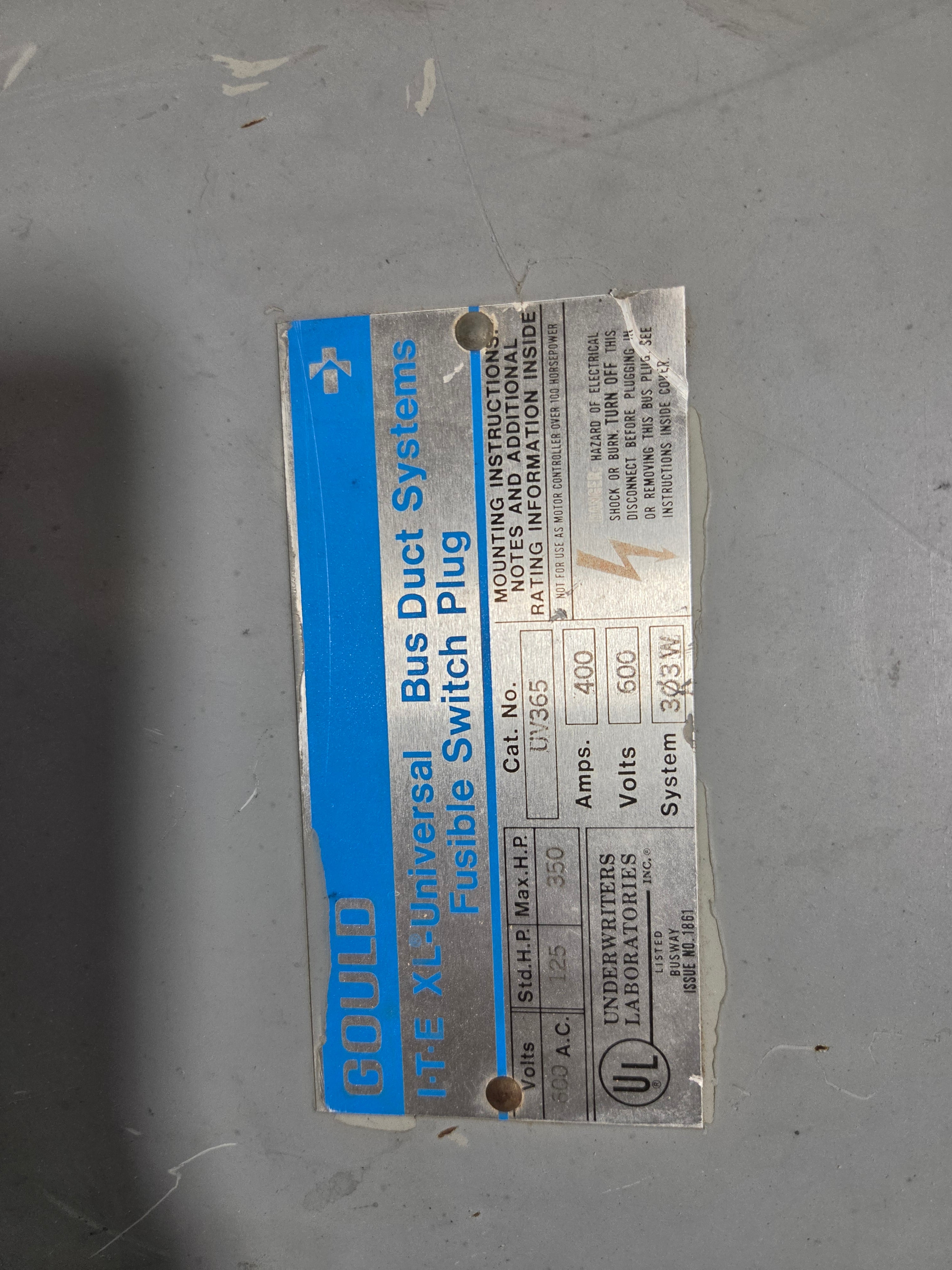 Gould ITE UV365 XL-Universal Bus Plug Fusible Switch 400A 600V Busway 3 Phase