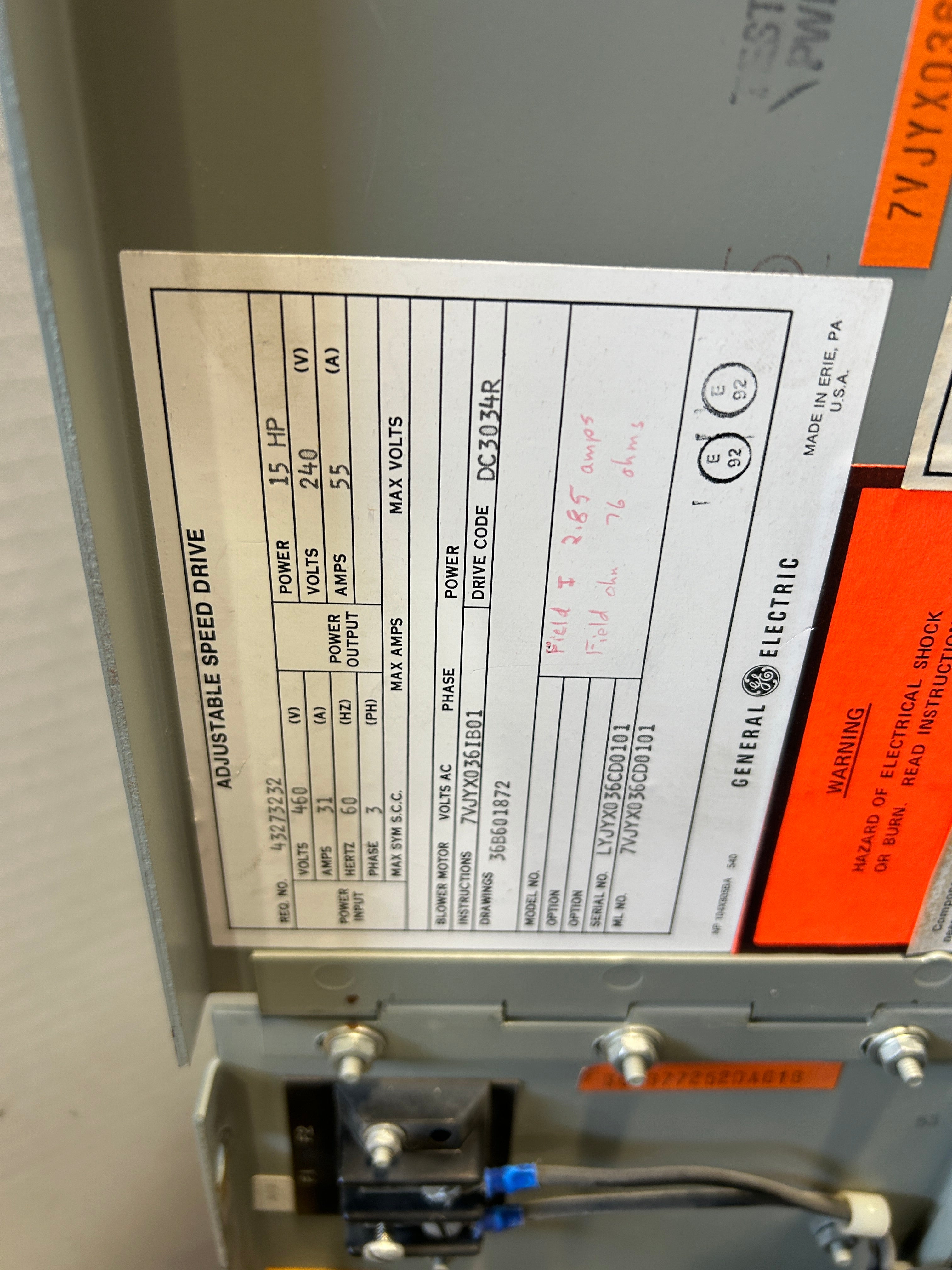 General Electric 7VJYX036CD0101 Adjustable Speed Drive 15HP 240/460V 55/31A 3PH
