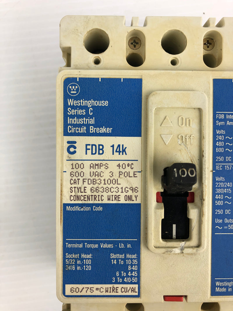 Westinghouse FDB 14K Industrial Circuit Breaker Series C 100A 600VAC