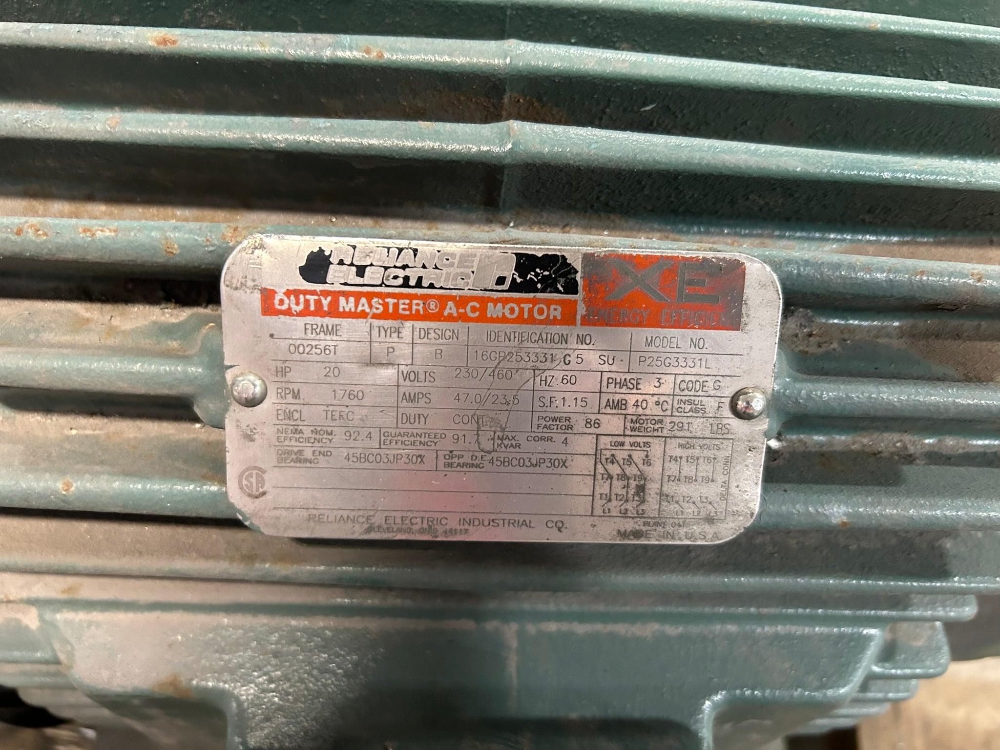 Reliance Electric P25G3331L Duty Master AC Motor 20 HP 3 Phase 1760 RPM 256T