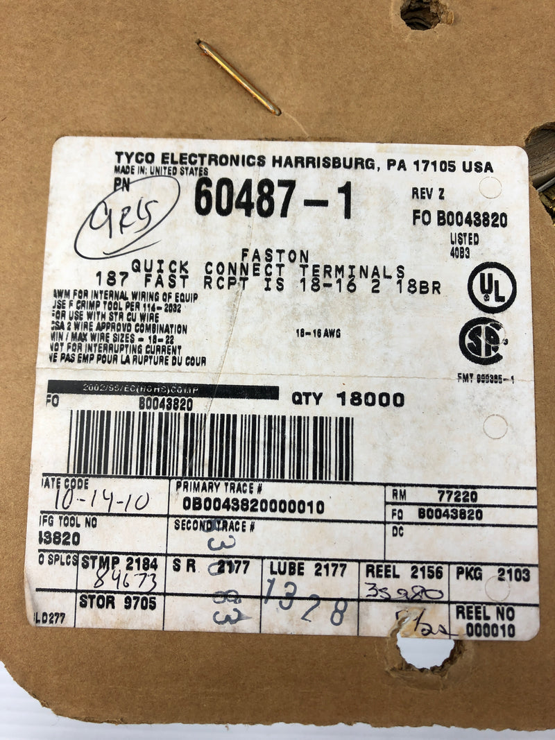 Tyco 60487-1 Quick Connect Terminals 43820 187 Fast Connect Receptacle