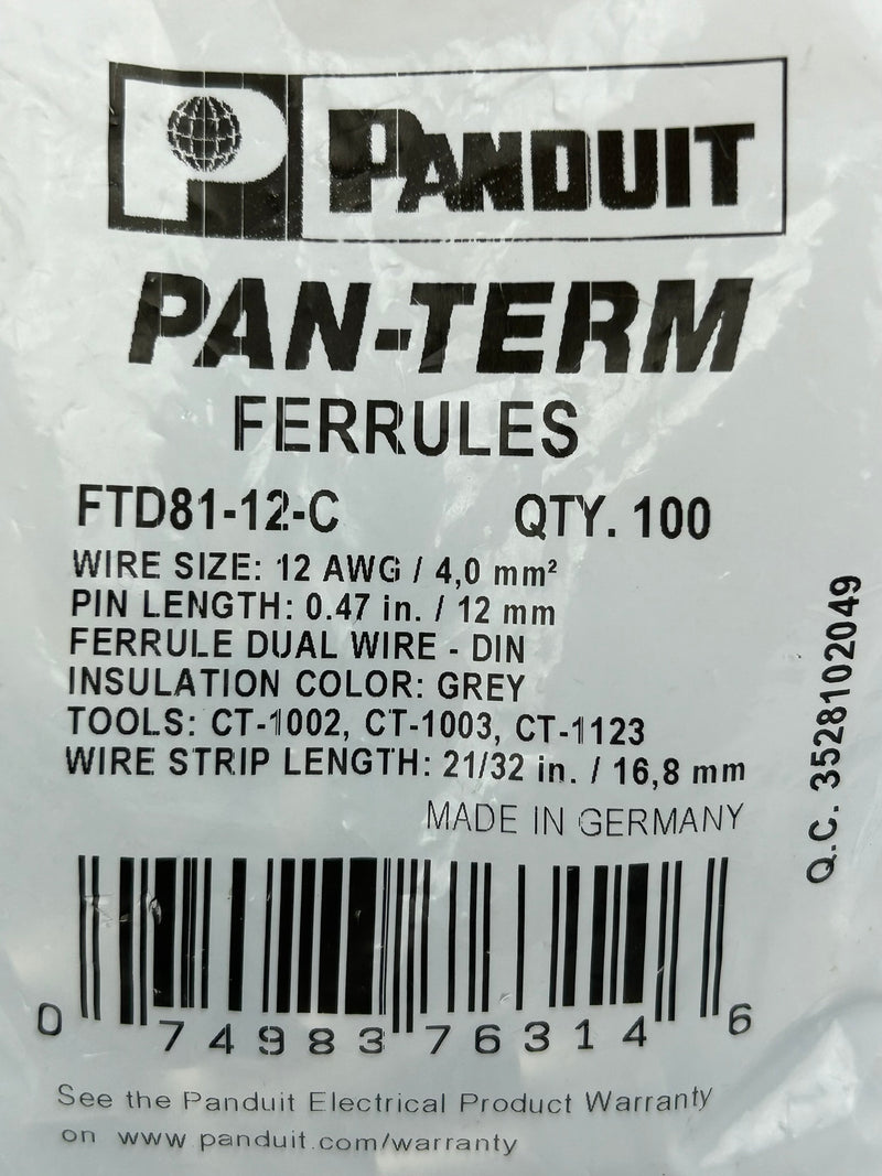 Panduit FTD81-12-C Pan-Term Grey Covered Ferrules - 5 Bags of 100 (500 Total)