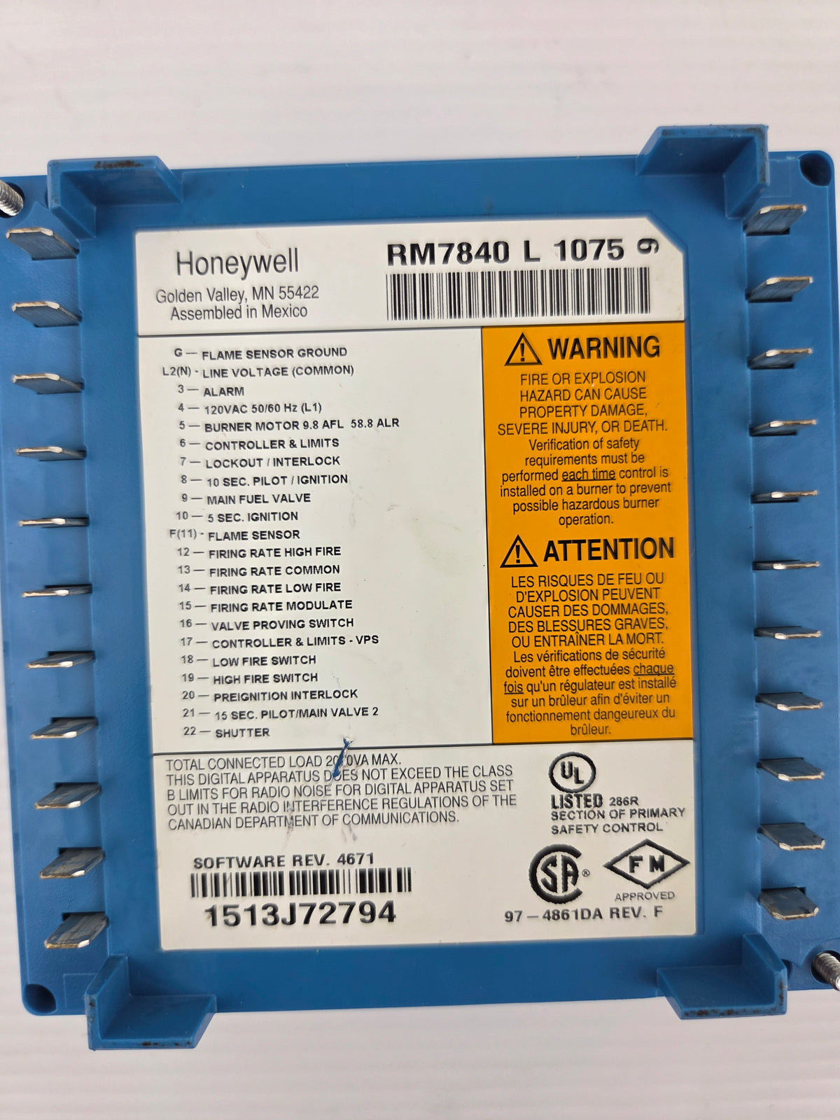 Honeywell RM7840 L 1075 Burner Control Ultraviolet Flame Amplifier Rev. 4671
