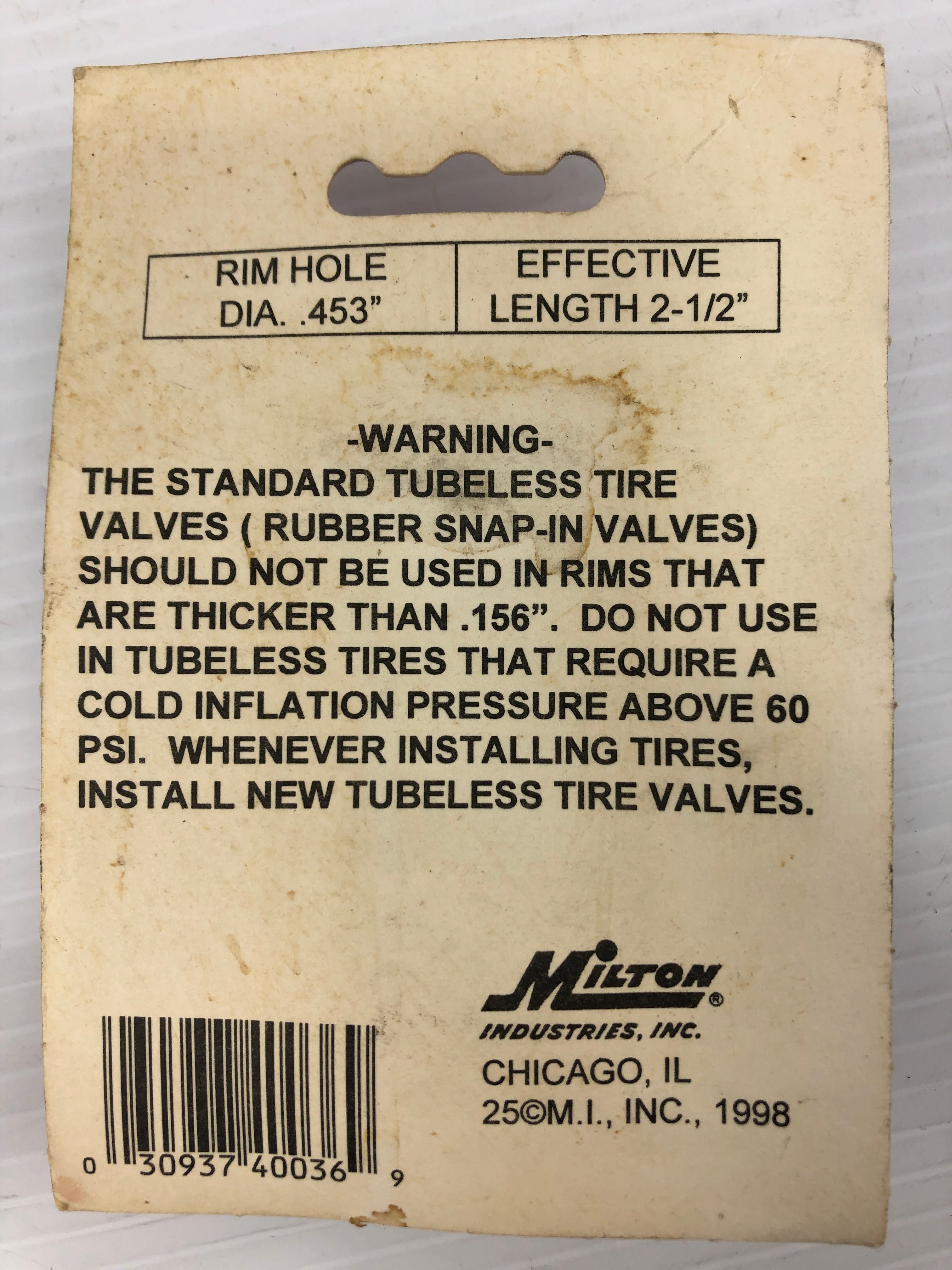Milton s423 Tubeless Tire Valve 2-1/2" Long
