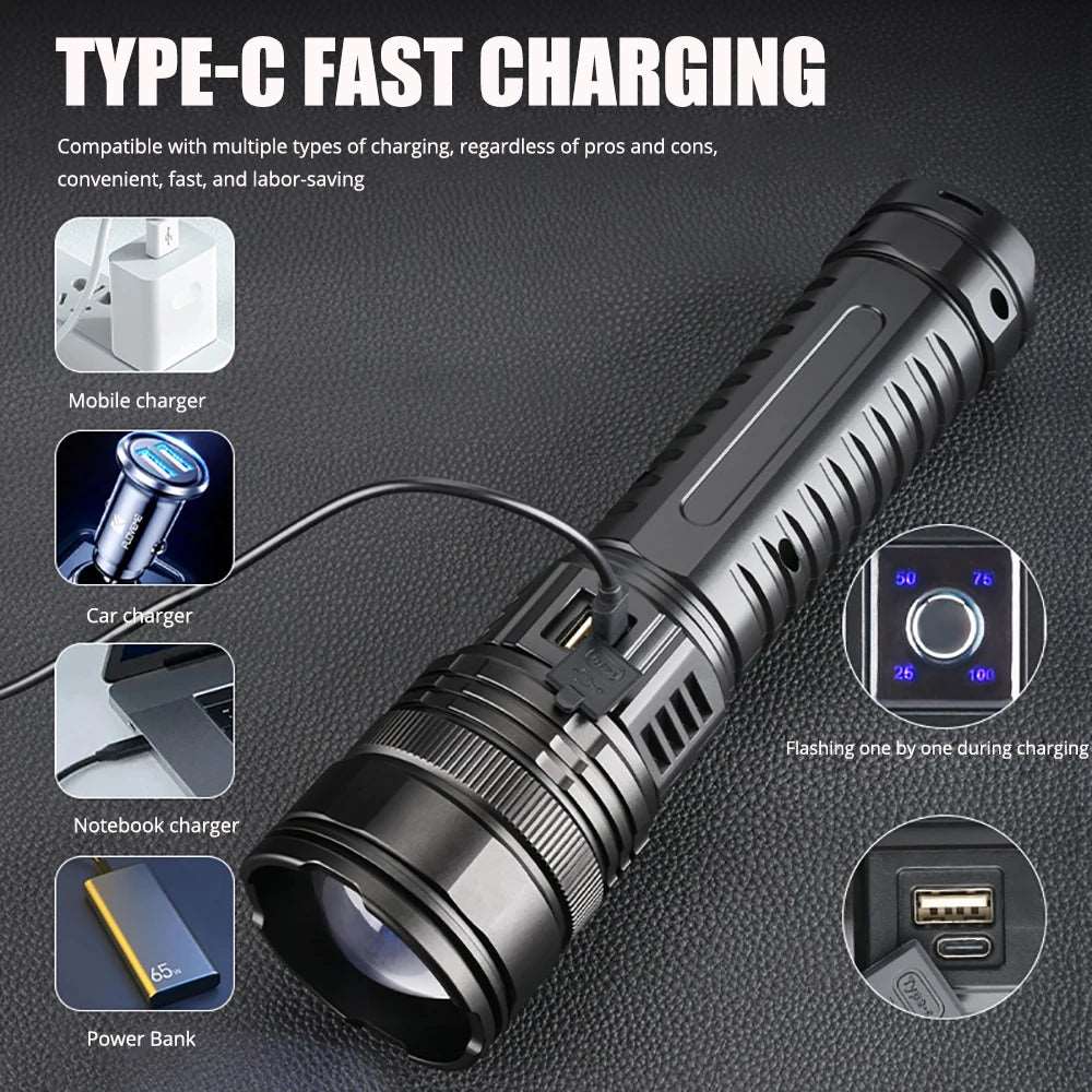 1000W LED Flashlight USB C Rechargeable Flash Light 990000000LM High Power Flashlights Zoom Tactical Lantern Long Shot COB Torch