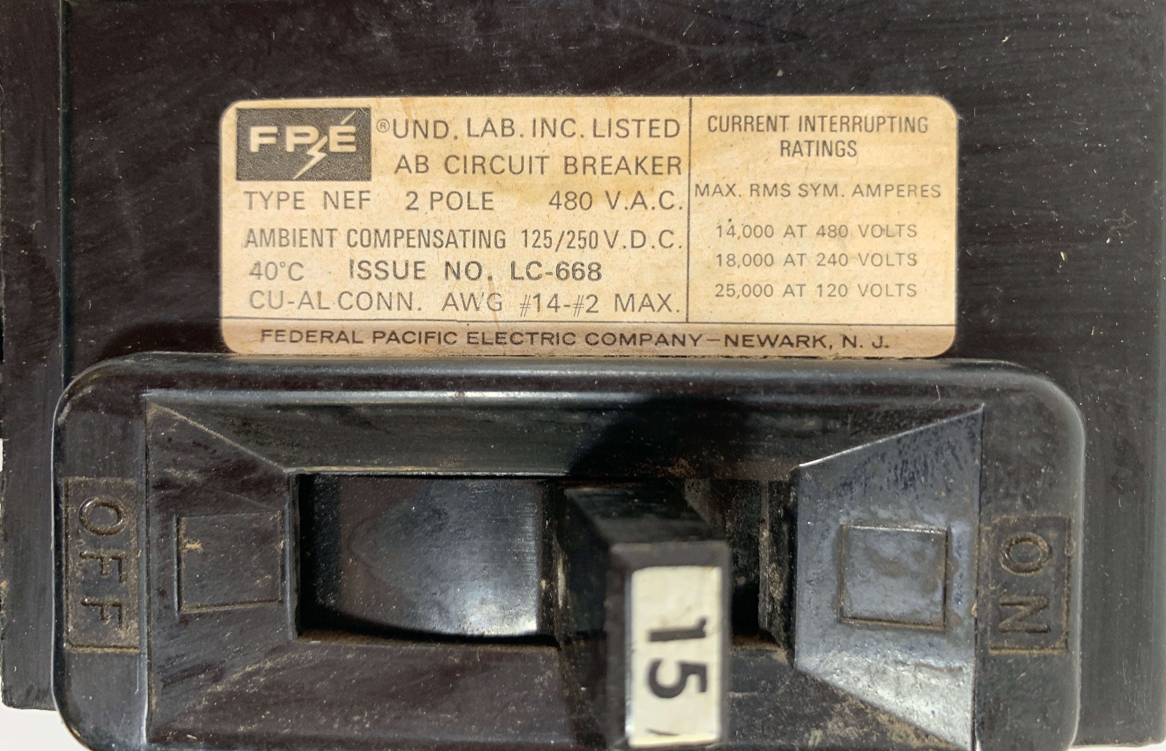 FPE Circuit Breaker 20 Amp 2 Pole 480 VAC LC668