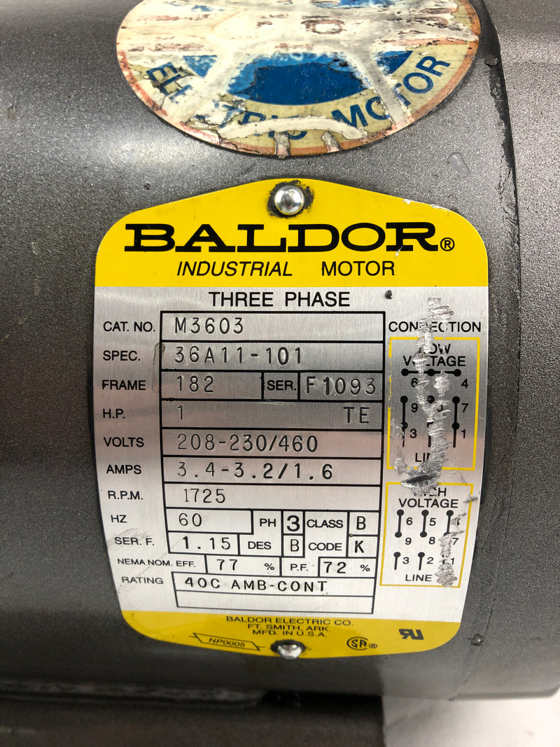 Baldor M3603 Industrial Motor 1 HP 1725 RPM 3PH 182 Frame F1093