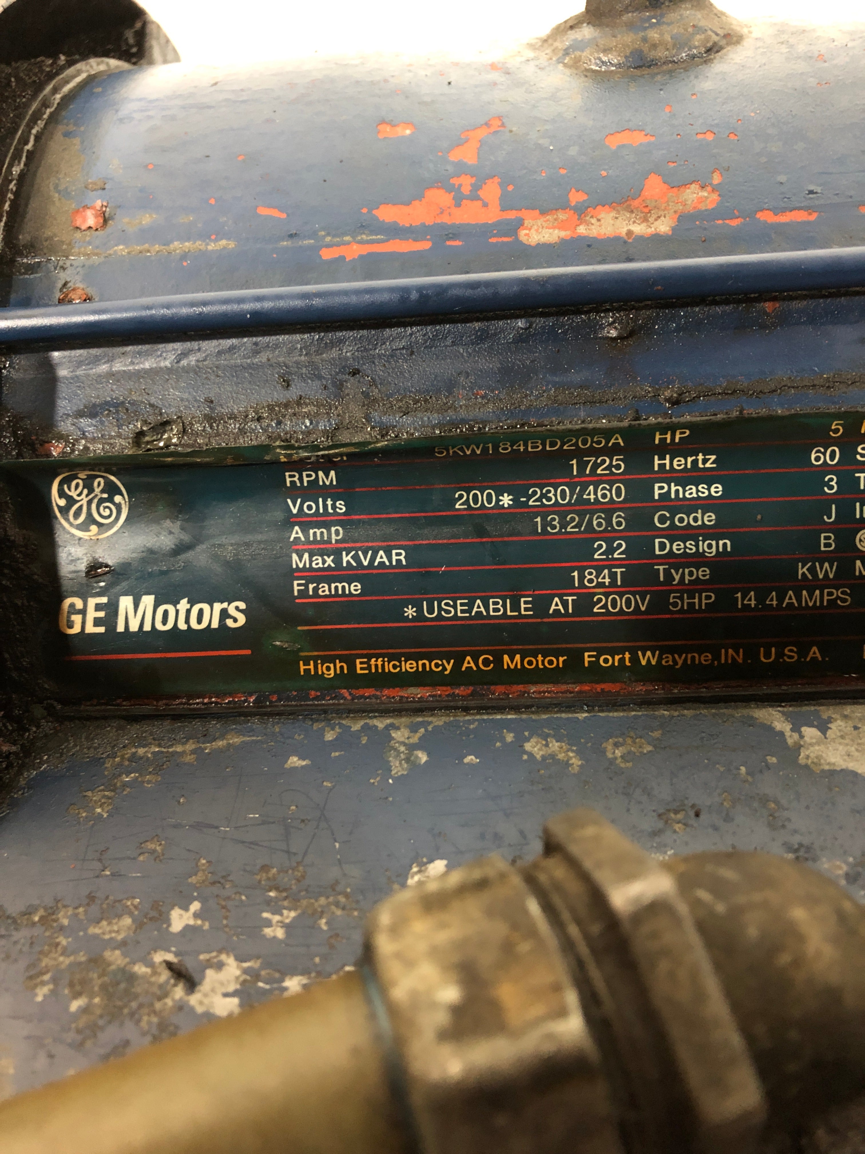 General Electric 5KW184BD205A AC Motor 5 HP 1725 RPM 184T Frame KW Type 3PH
