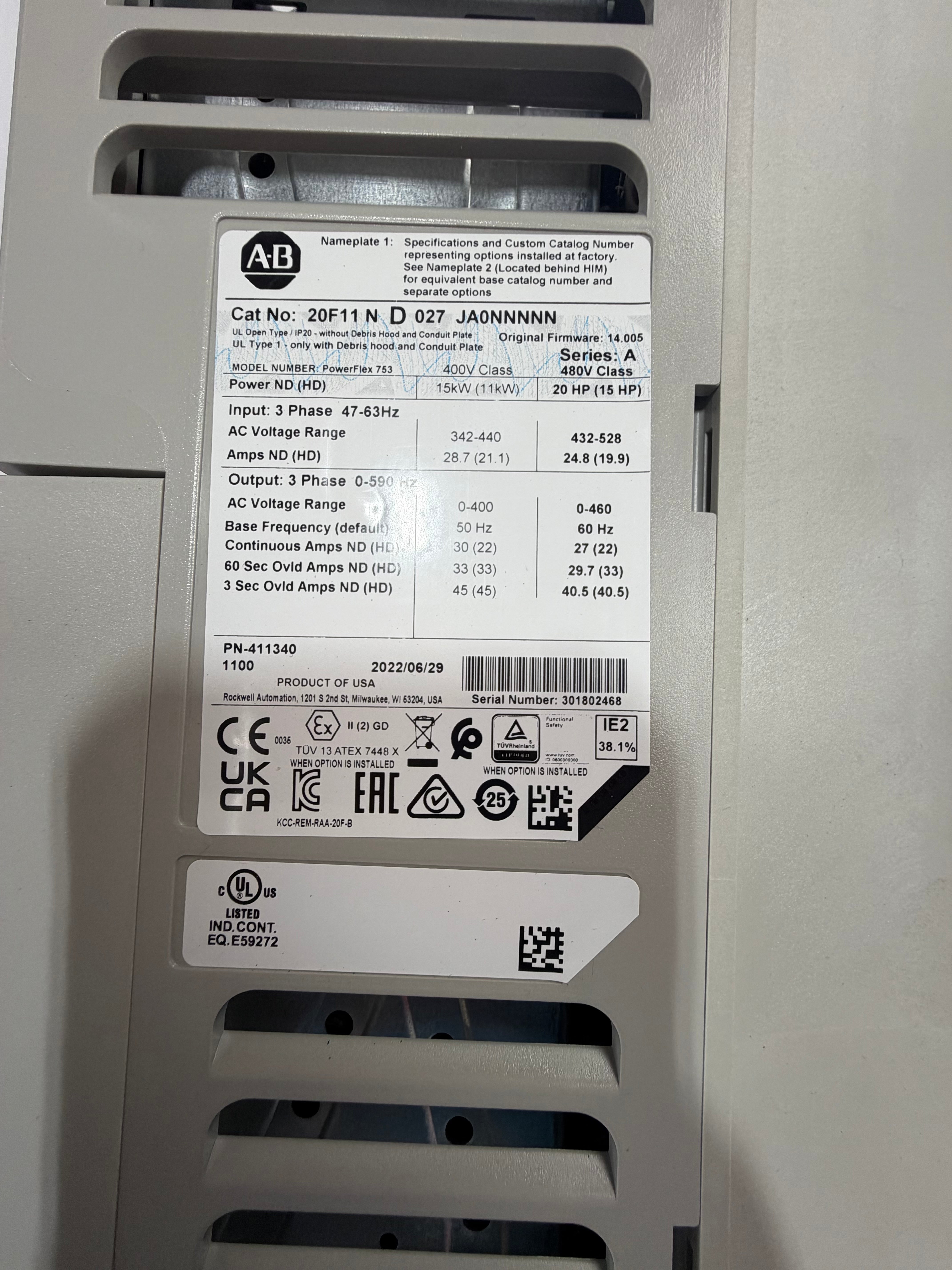 Allen Bradley PowerFlex 753 20F11ND027JA0NNNNN AC Drive 20 HP